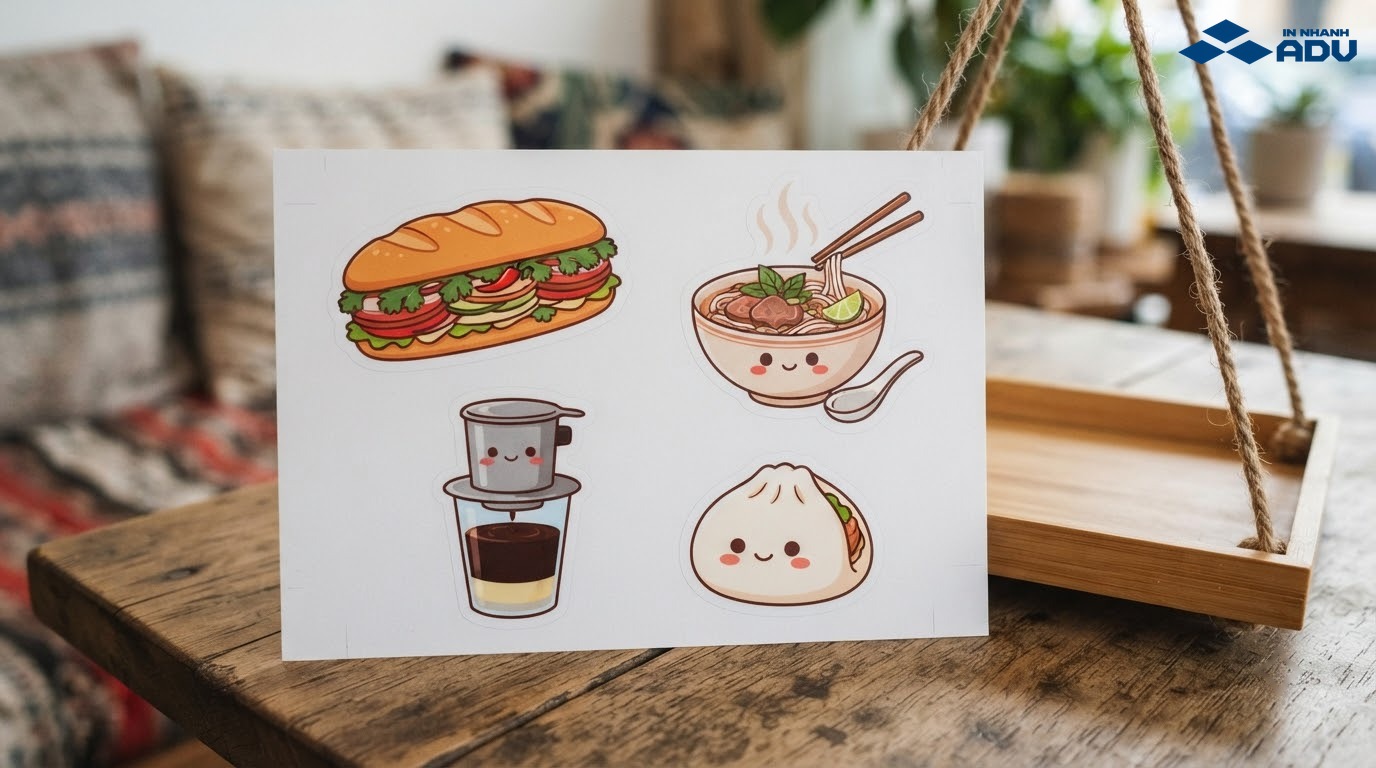 Sticker bánh mì phở và cà phê phin phong cách cách điệu