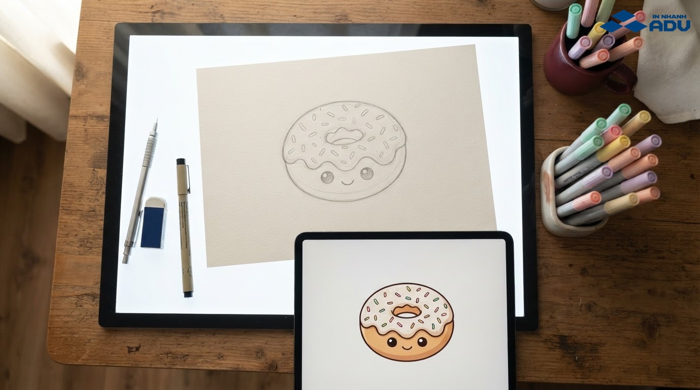 Dụng cụ vẽ tay và máy tính bảng để thiết kế sticker