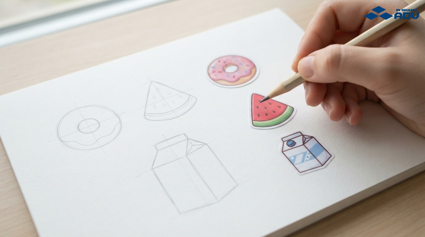 Phác thảo sticker donut và dưa hấu từ hình khối cơ bản