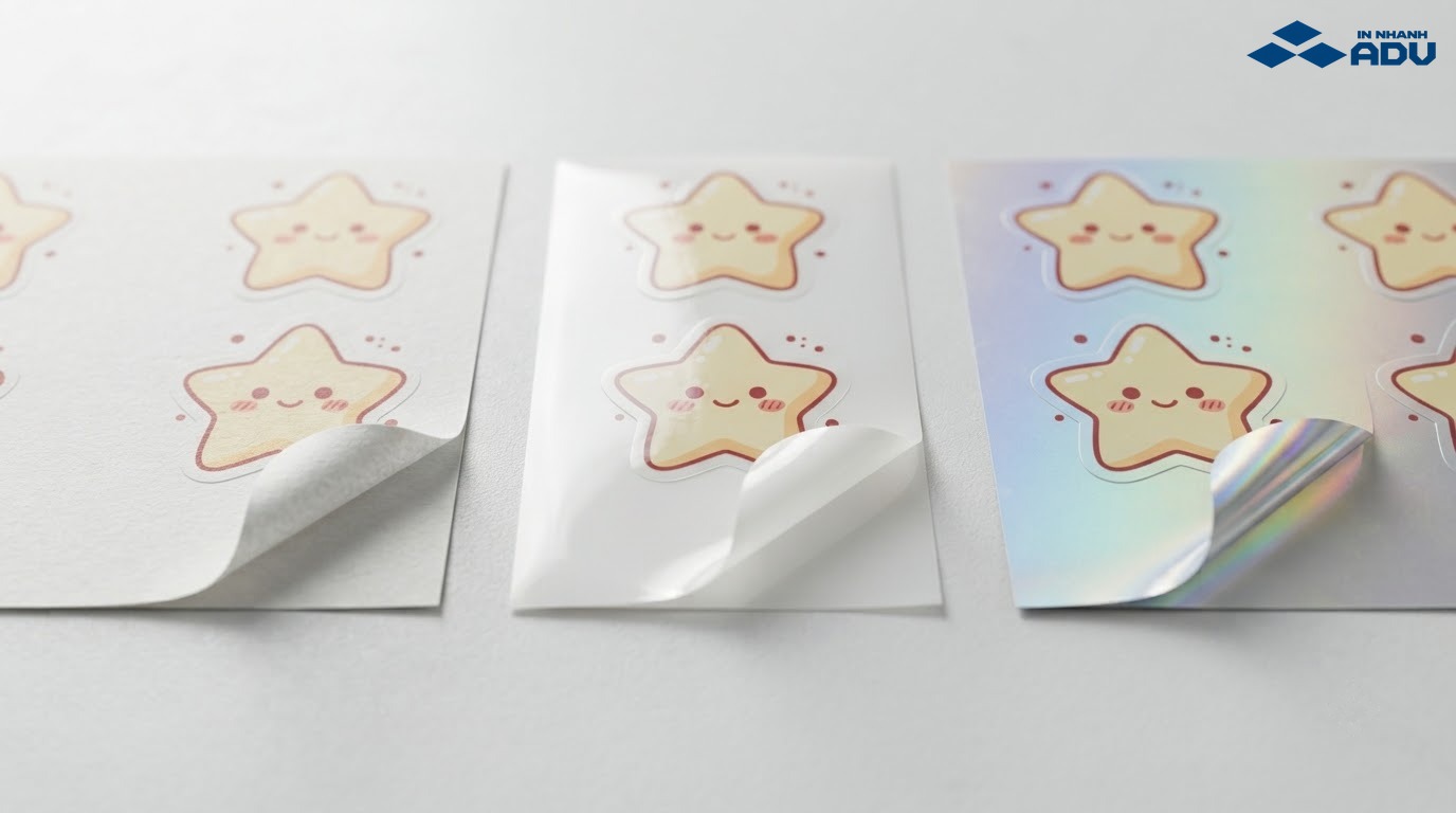 Sticker ngôi sao trên decal giấy, decal nhựa và màng ánh kim