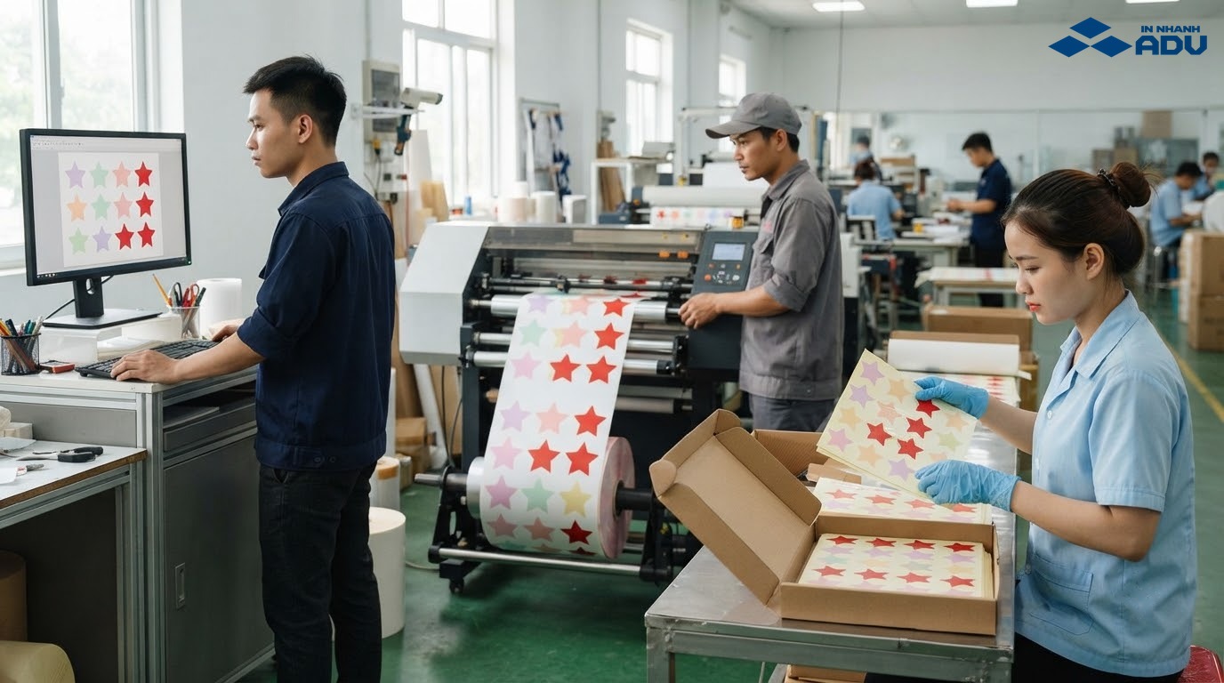 Quy trình đặt in sticker ngôi sao từ thiết kế đến kiểm tra và đóng gói