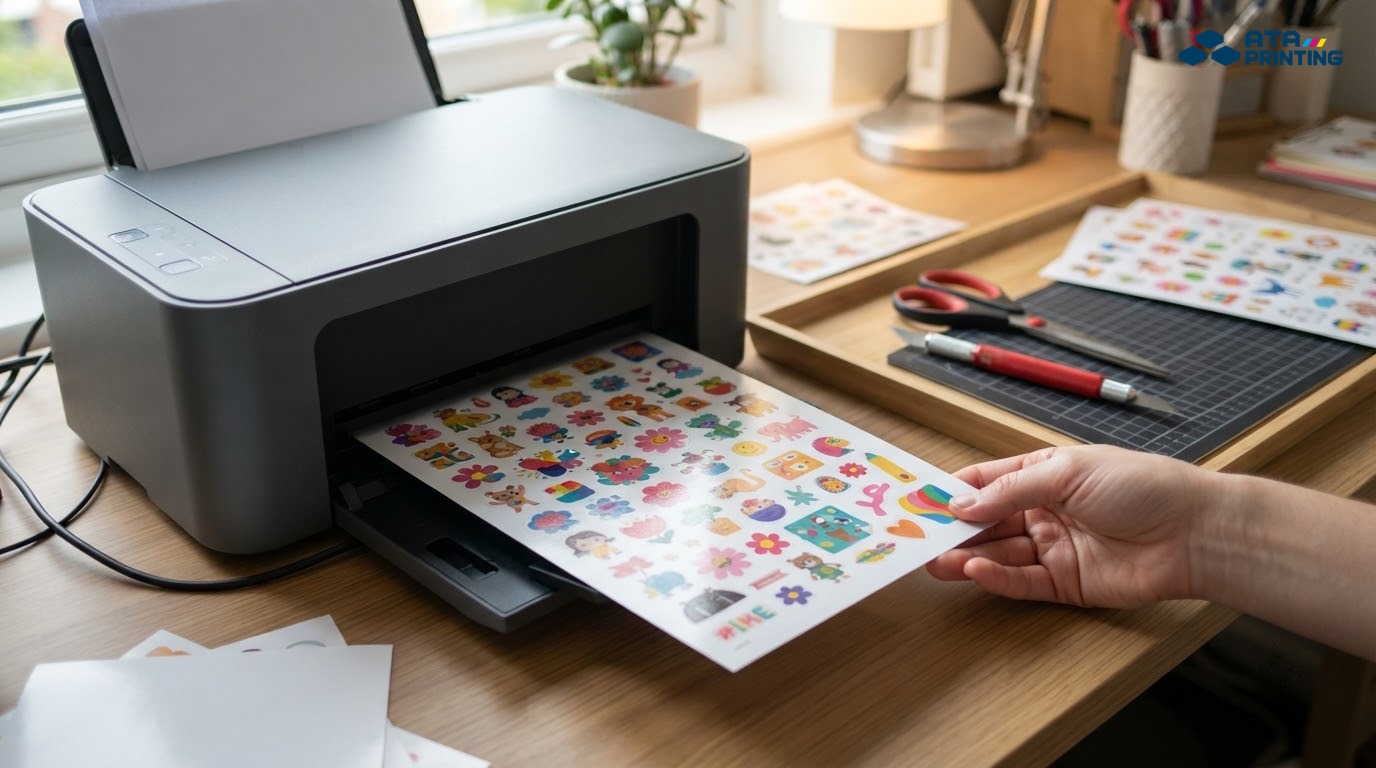 Tờ giấy decal A4 vừa in các mẫu sticker cạnh máy in gia đình