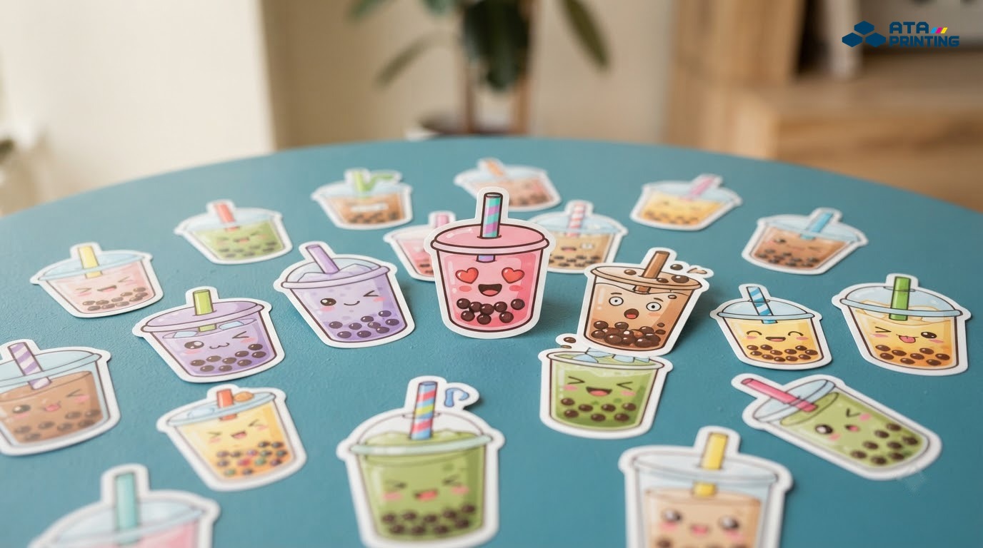 Sticker minh họa ly trà sữa chibi với biểu cảm ngộ nghĩnh