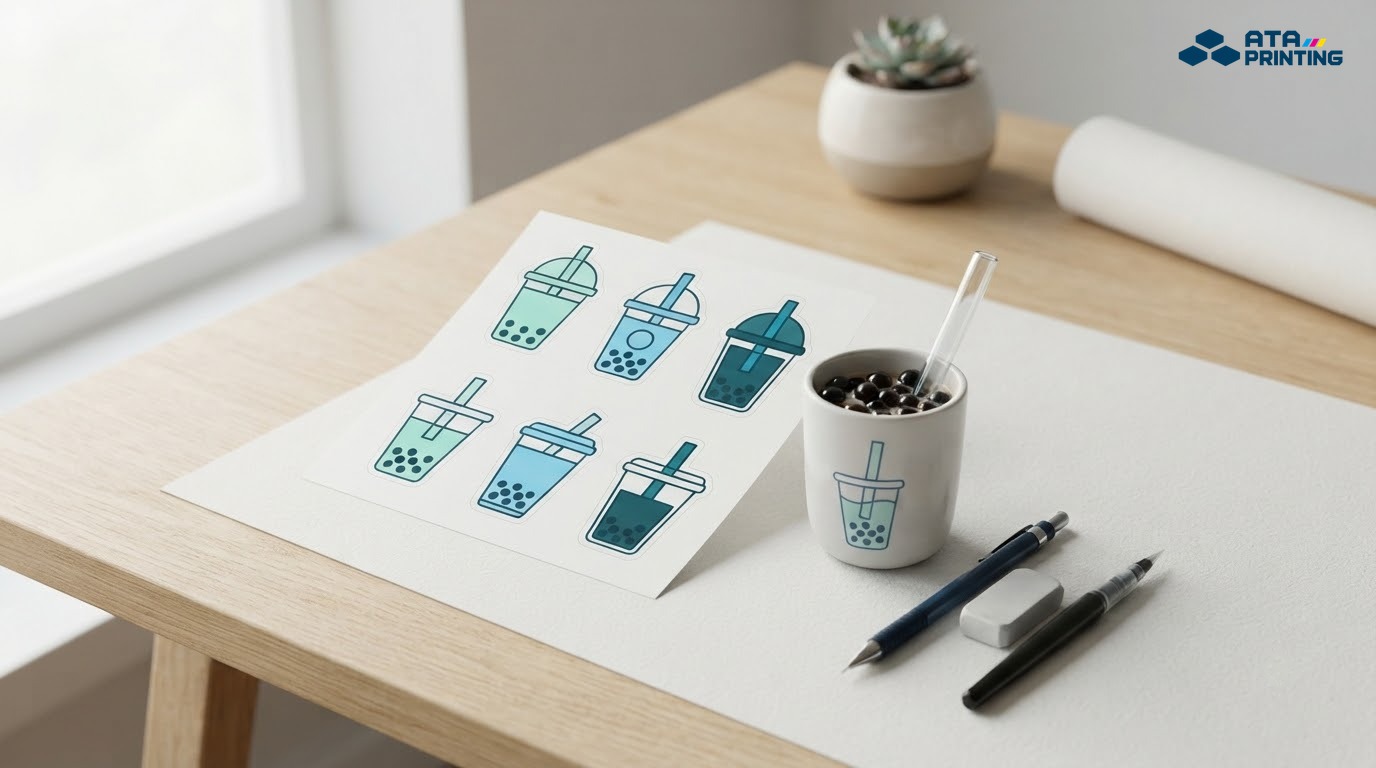 Mẫu sticker ly trà sữa tối giản với đường nét gọn gàng