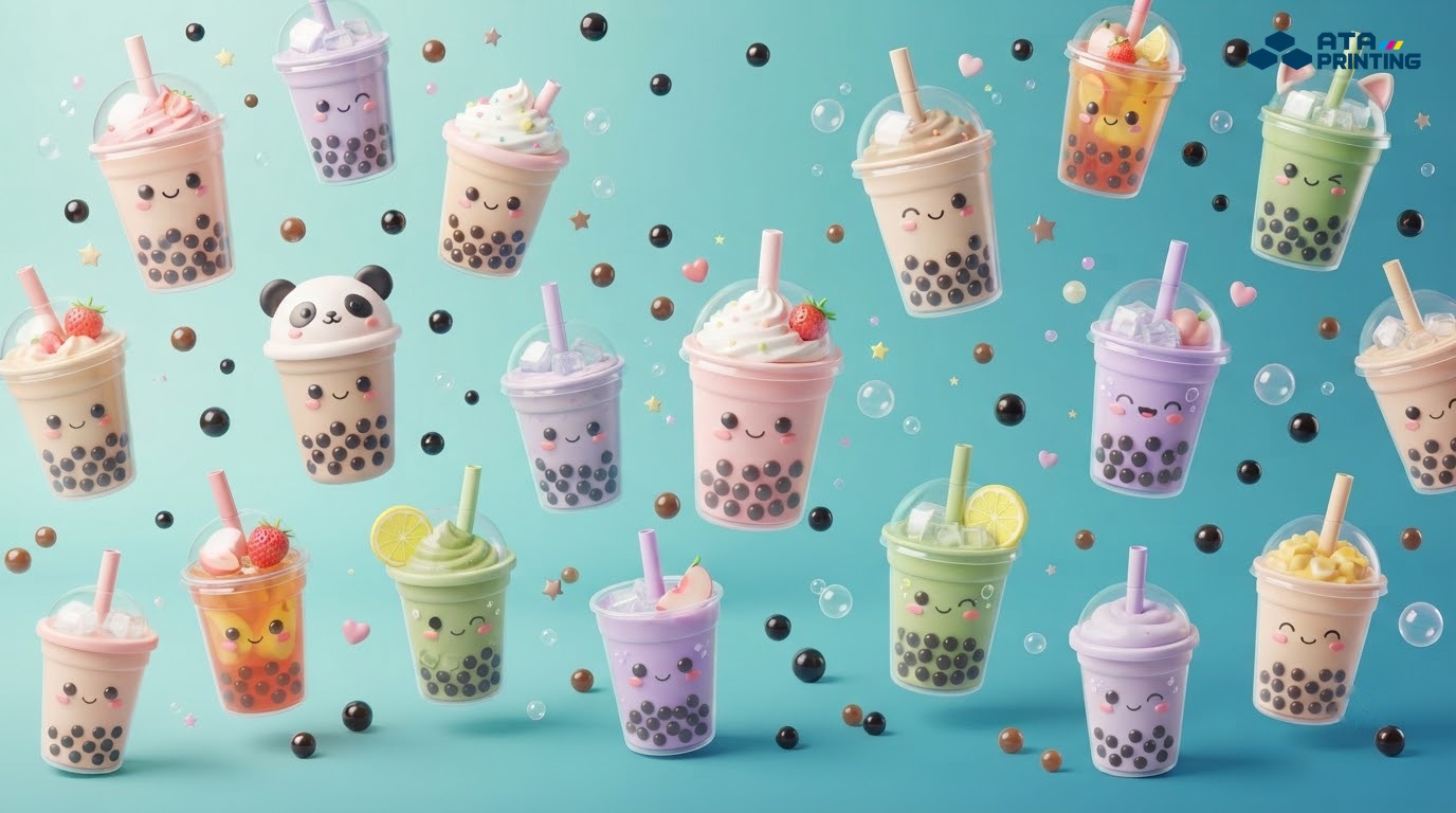 Hình nền trà sữa dễ thương với các ly nước và trân châu trên nền xanh