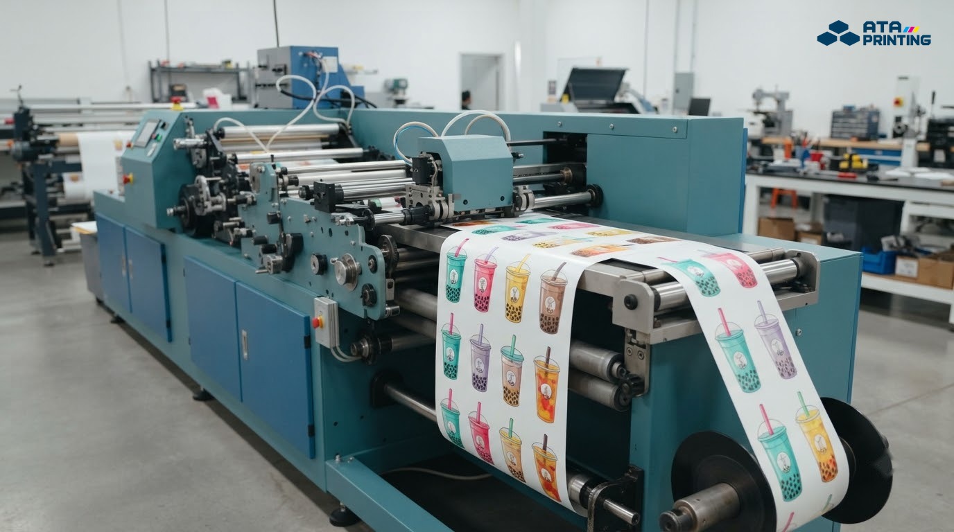 Máy in kỹ thuật số đang sản xuất các mẫu sticker trà sữa nhiều màu