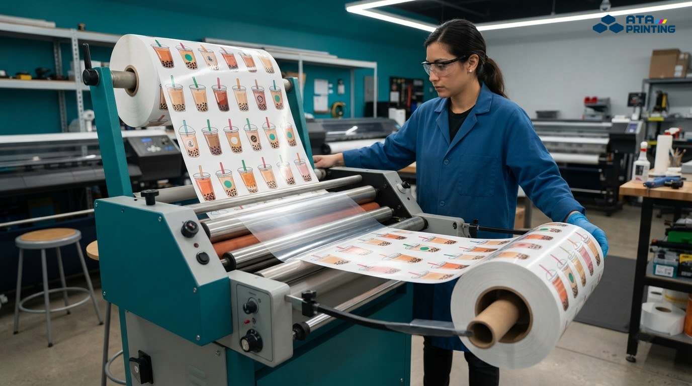 Sticker trà sữa đang được cán màng bảo vệ bề mặt sau khi in
