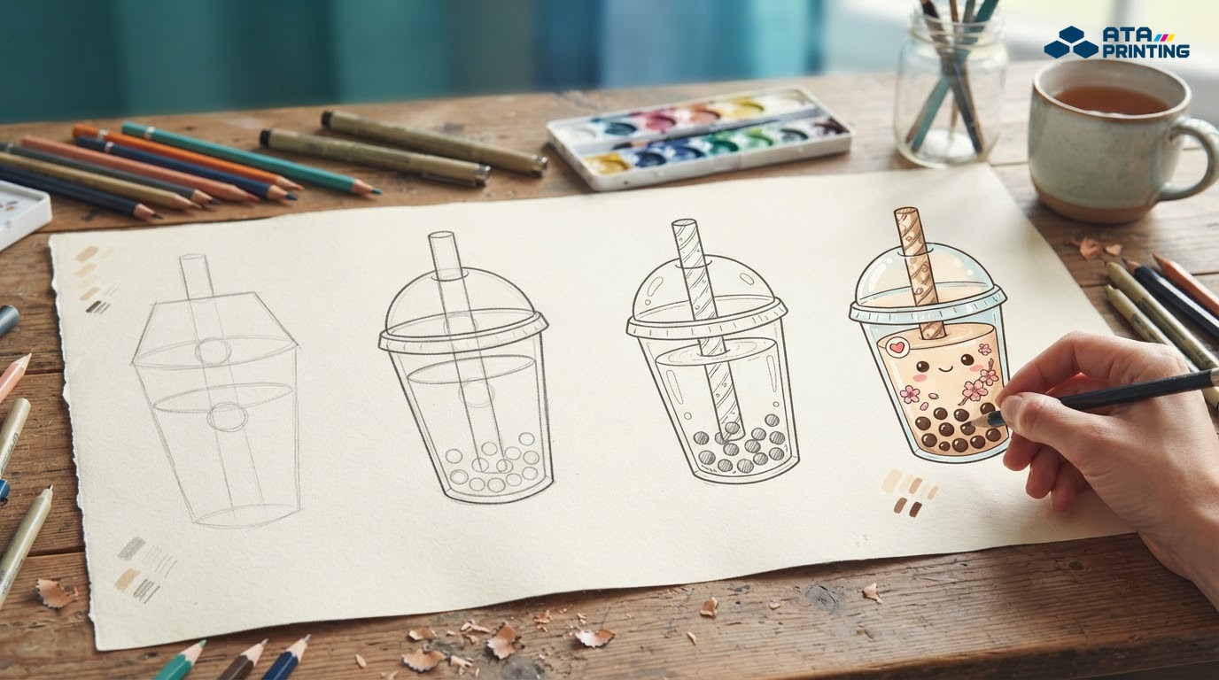 Các bước phác họa ly trà sữa dễ thương từ hình khối cơ bản đến bản hoàn chỉnh