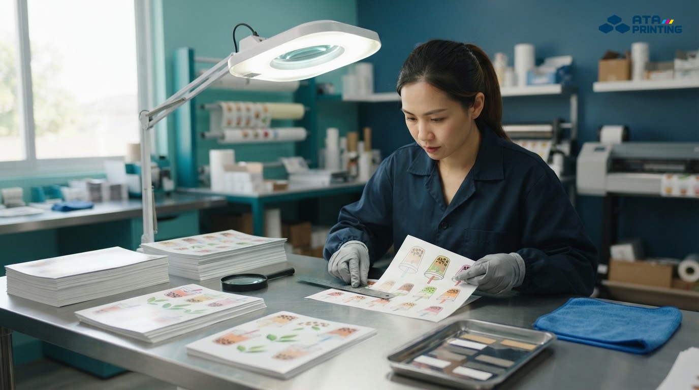 Nhân viên kiểm tra màu sắc, đường cắt và bề mặt của sticker trà sữa thành phẩm