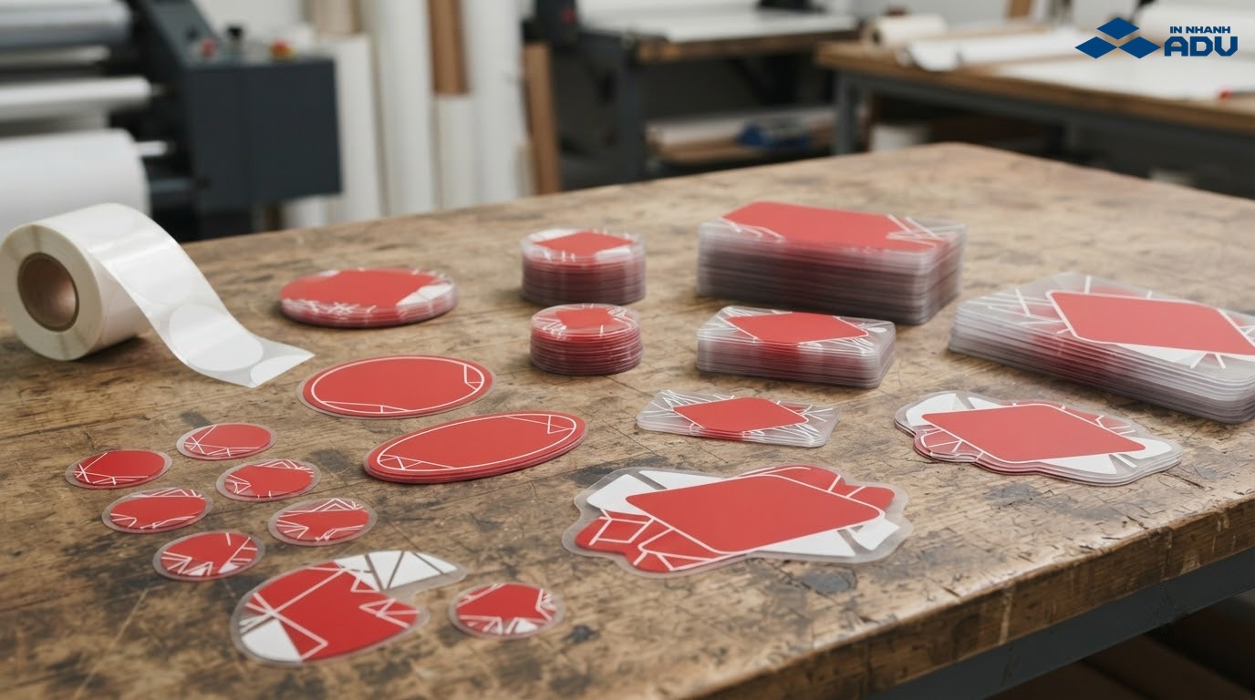 Các mẫu sticker trong suốt khác nhau về kích thước, hình bế và số lượng