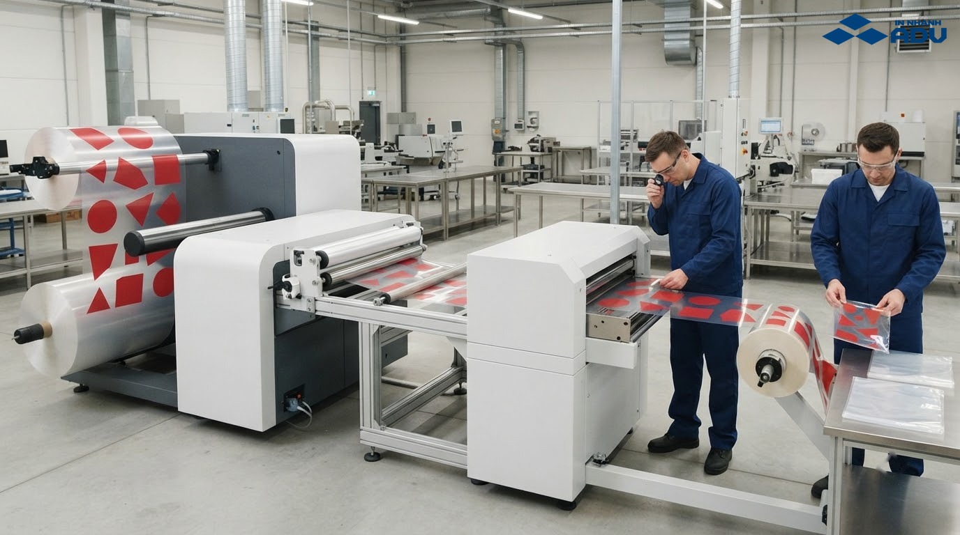 Quy trình in, cán màng, bế demi và kiểm tra sticker trong suốt tại xưởng