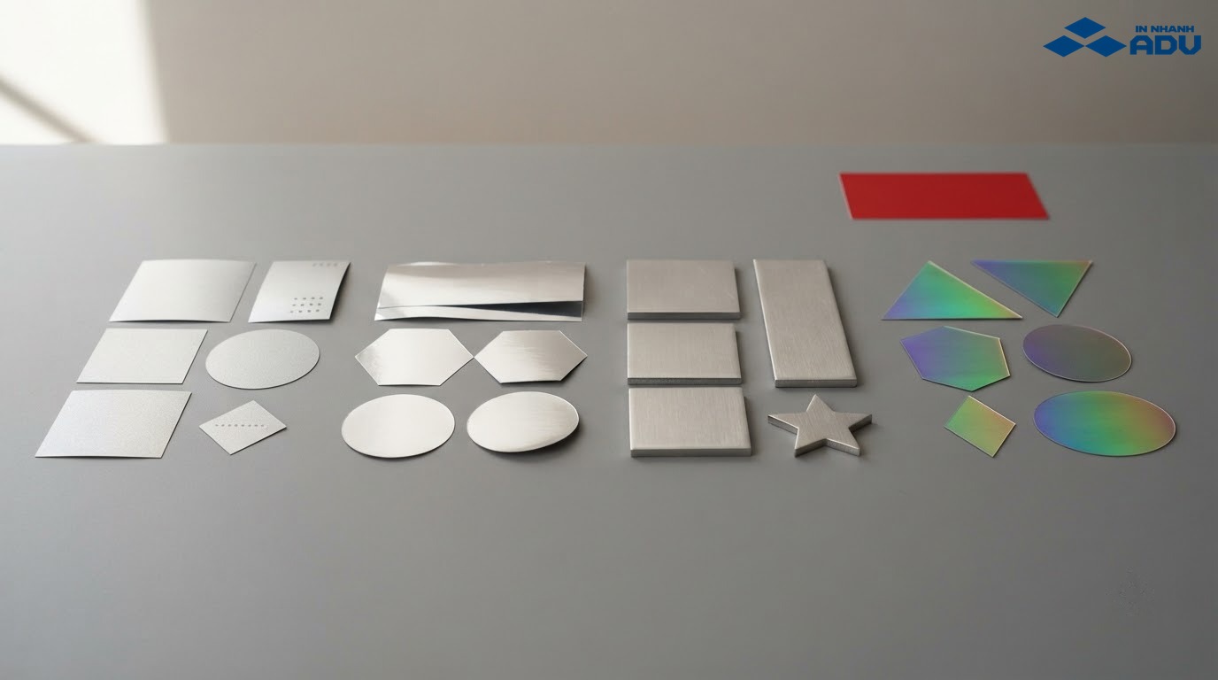 Các mẫu vật liệu tem bạc, nhôm, thiếc và decal đổi màu đặt cạnh nhau
