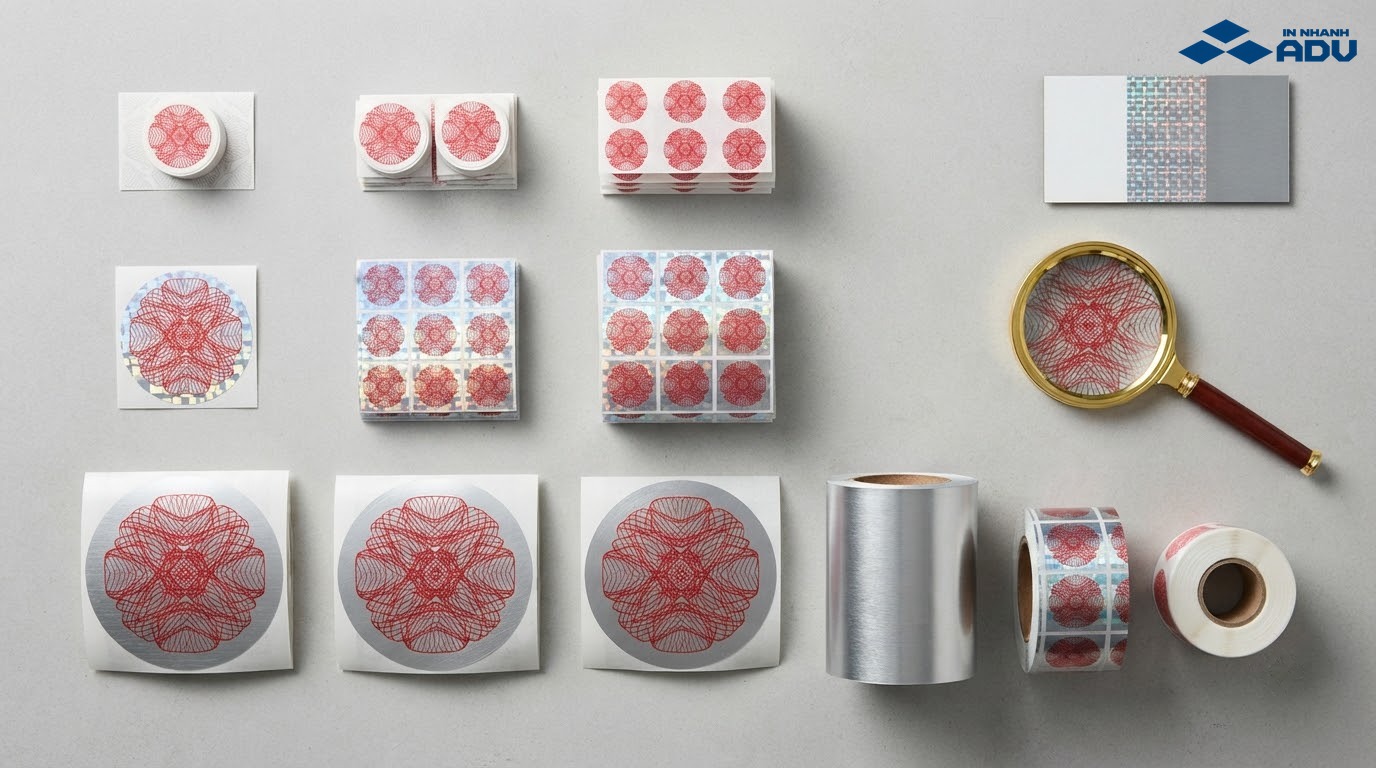 Các mẫu tem chống giả khác nhau về kích thước, vật liệu và số lượng