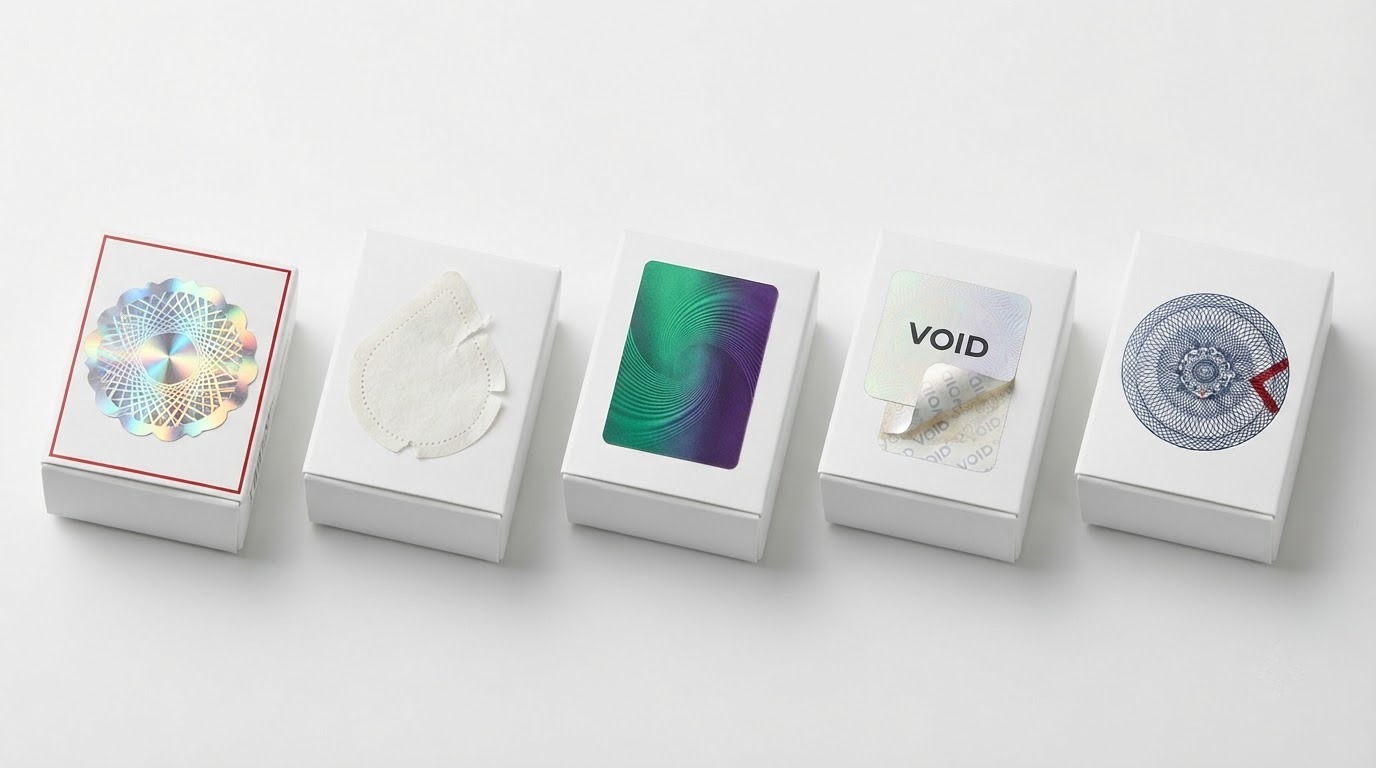Các mẫu tem chống giả hologram, tem vỡ, tem đổi màu và tem niêm phong trên bao bì minh họa