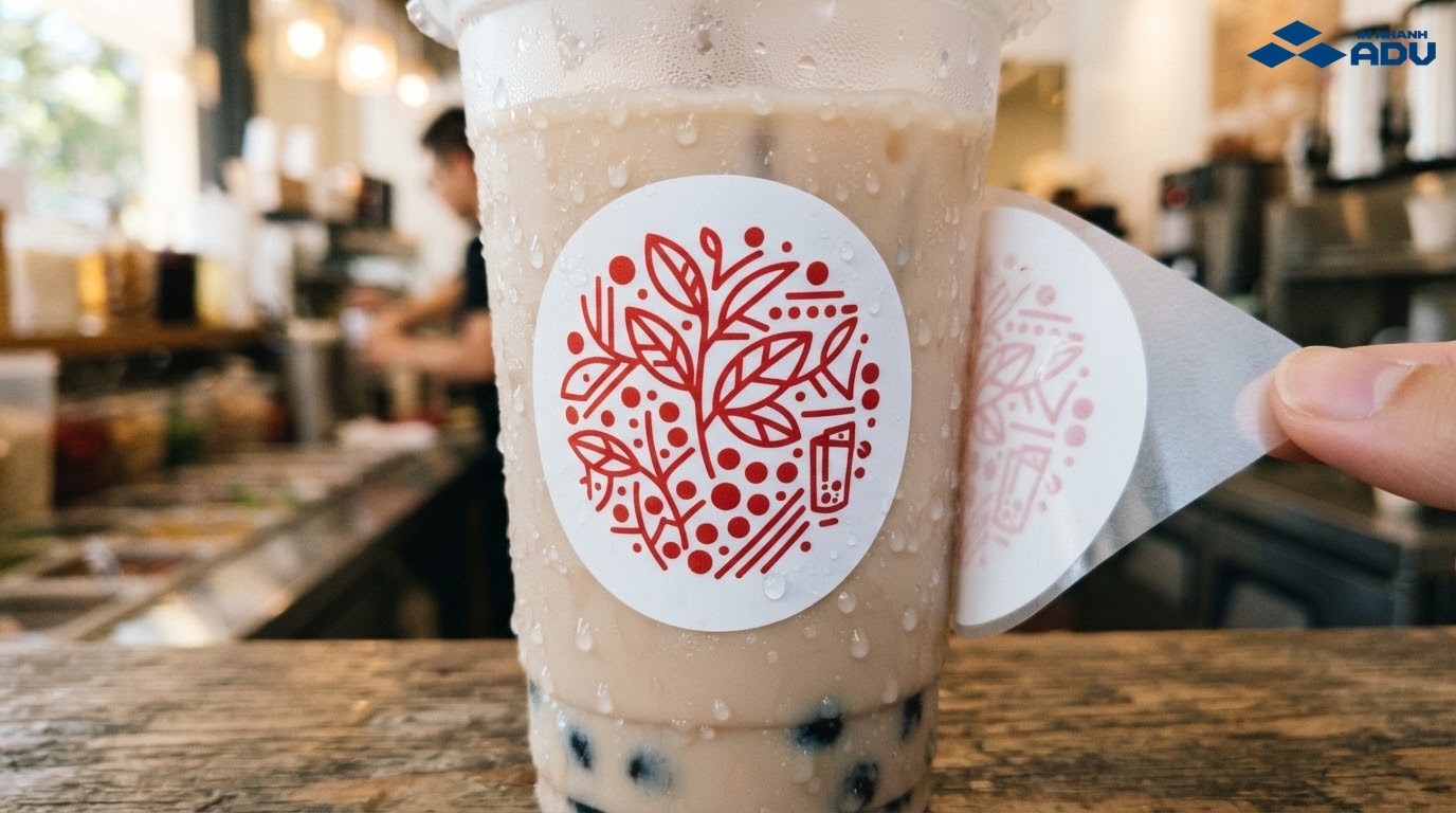Tem decal nhựa sữa màu trắng bám chắc trên ly trà sữa lạnh