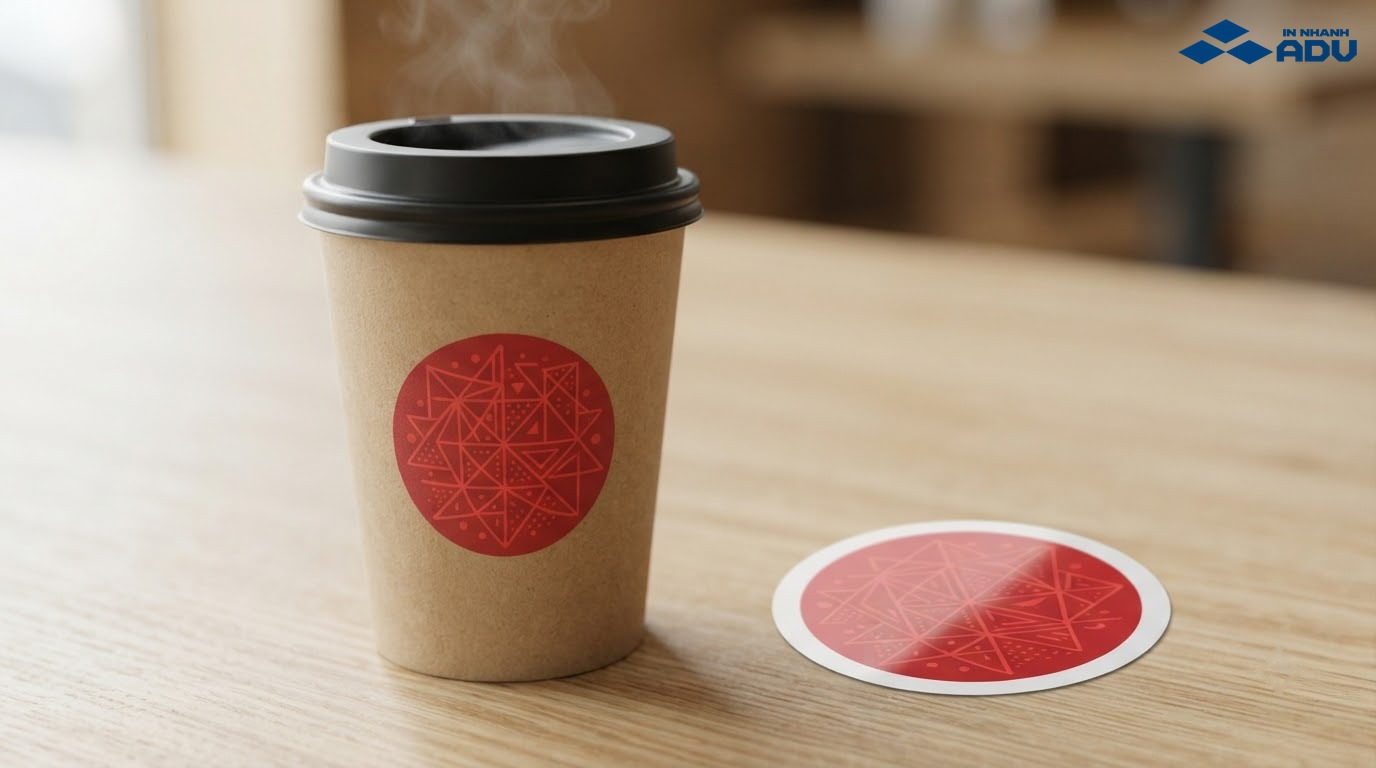 Tem decal giấy cán màng dán trên ly cà phê nóng khô ráo
