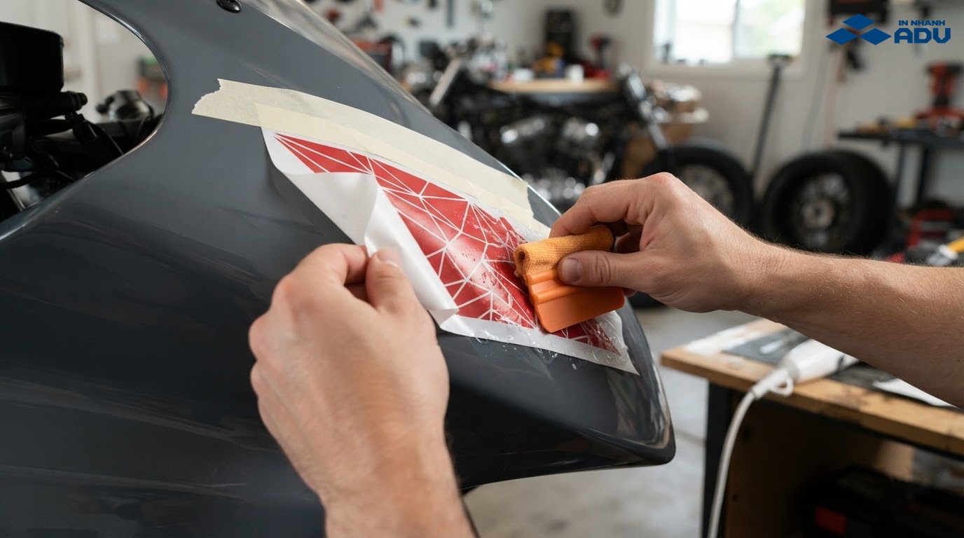 Người dùng căn tem và dùng gạt nhựa dán decal lên yếm xe máy
