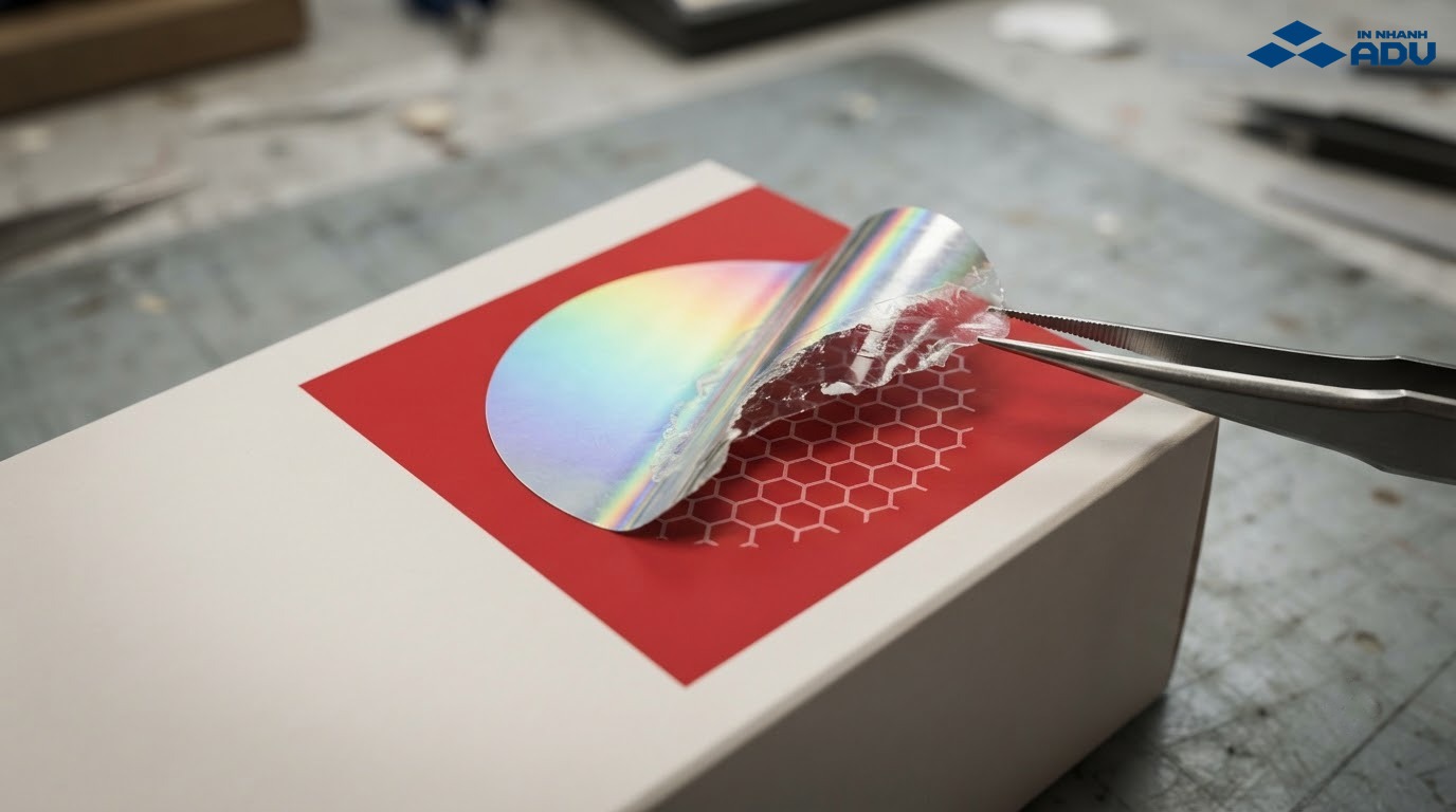 Tem hologram tự hủy bị bóc khỏi hộp trơn và để lại vết tổ ong trên bề mặt