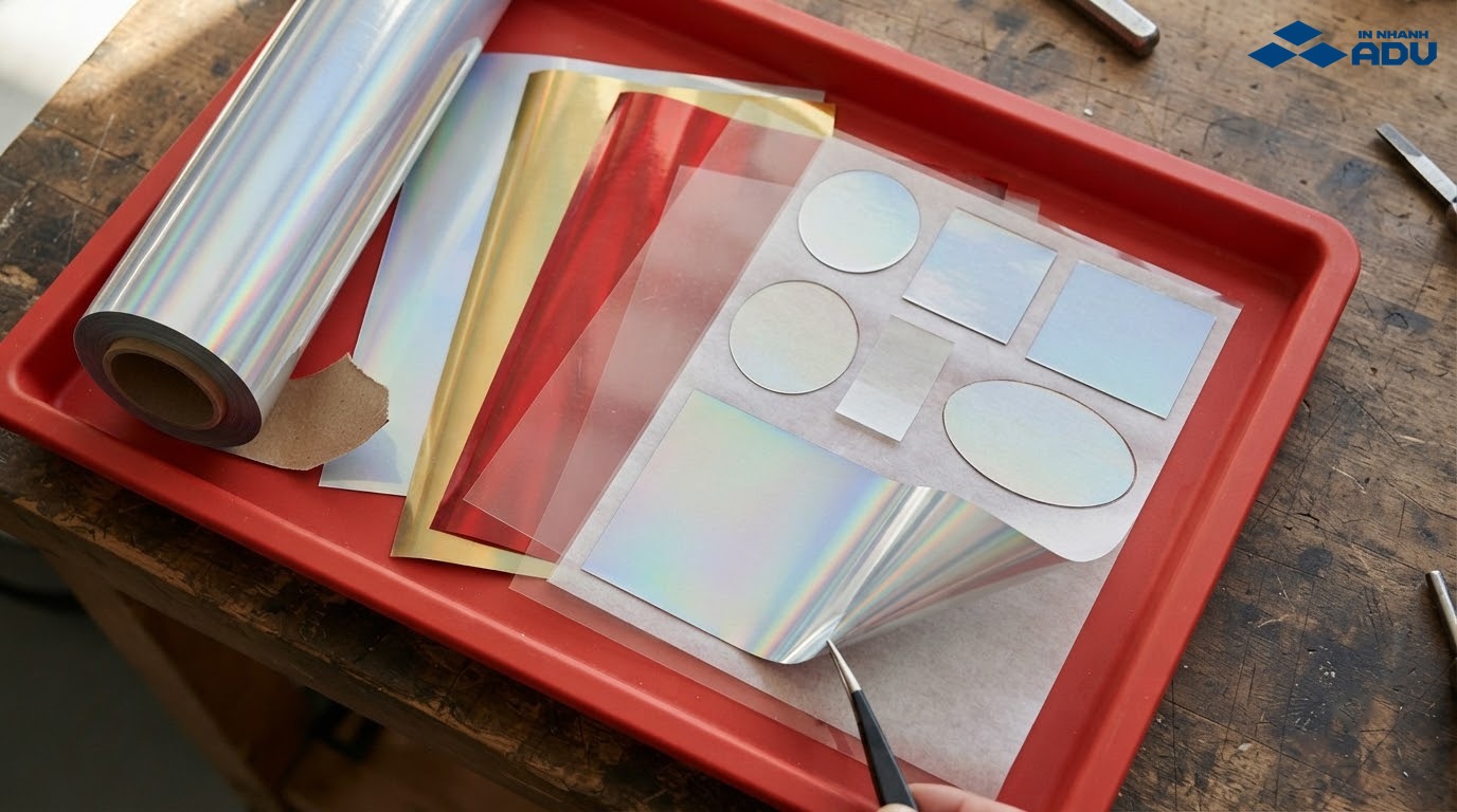 Cuộn màng PET hologram cùng các mẫu tem bạc, vàng, đỏ và trong suốt