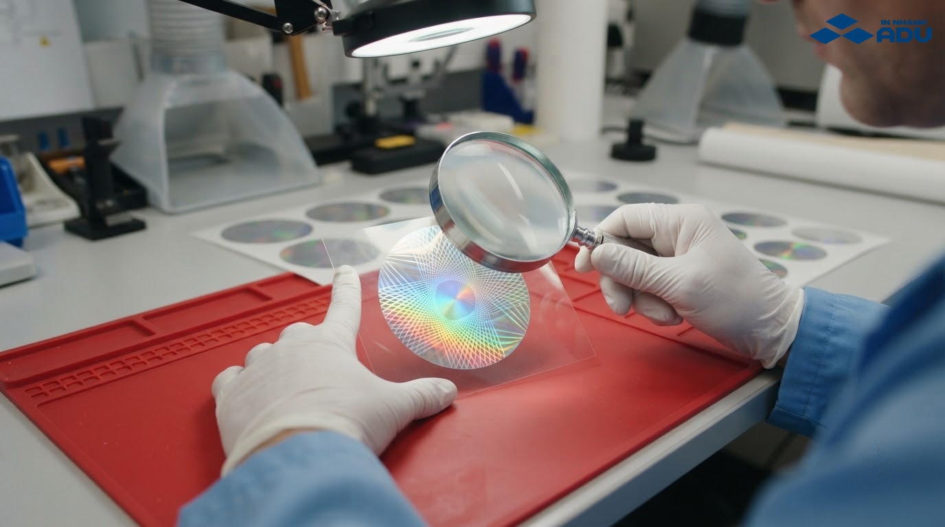 Kỹ thuật viên dùng kính lúp kiểm tra độ sắc nét và hiệu ứng chuyển màu của tem hologram