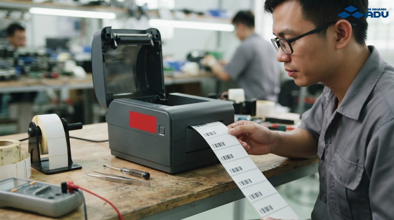 Máy in nhiệt đang xuất cuộn tem mã vạch không dùng mực