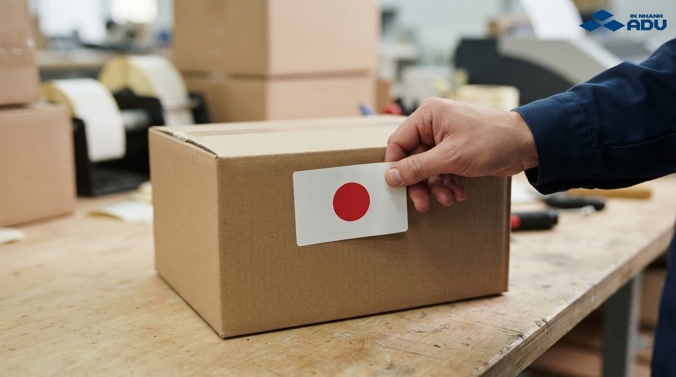 Tay dán tem trắng có chấm đỏ lên hộp carton