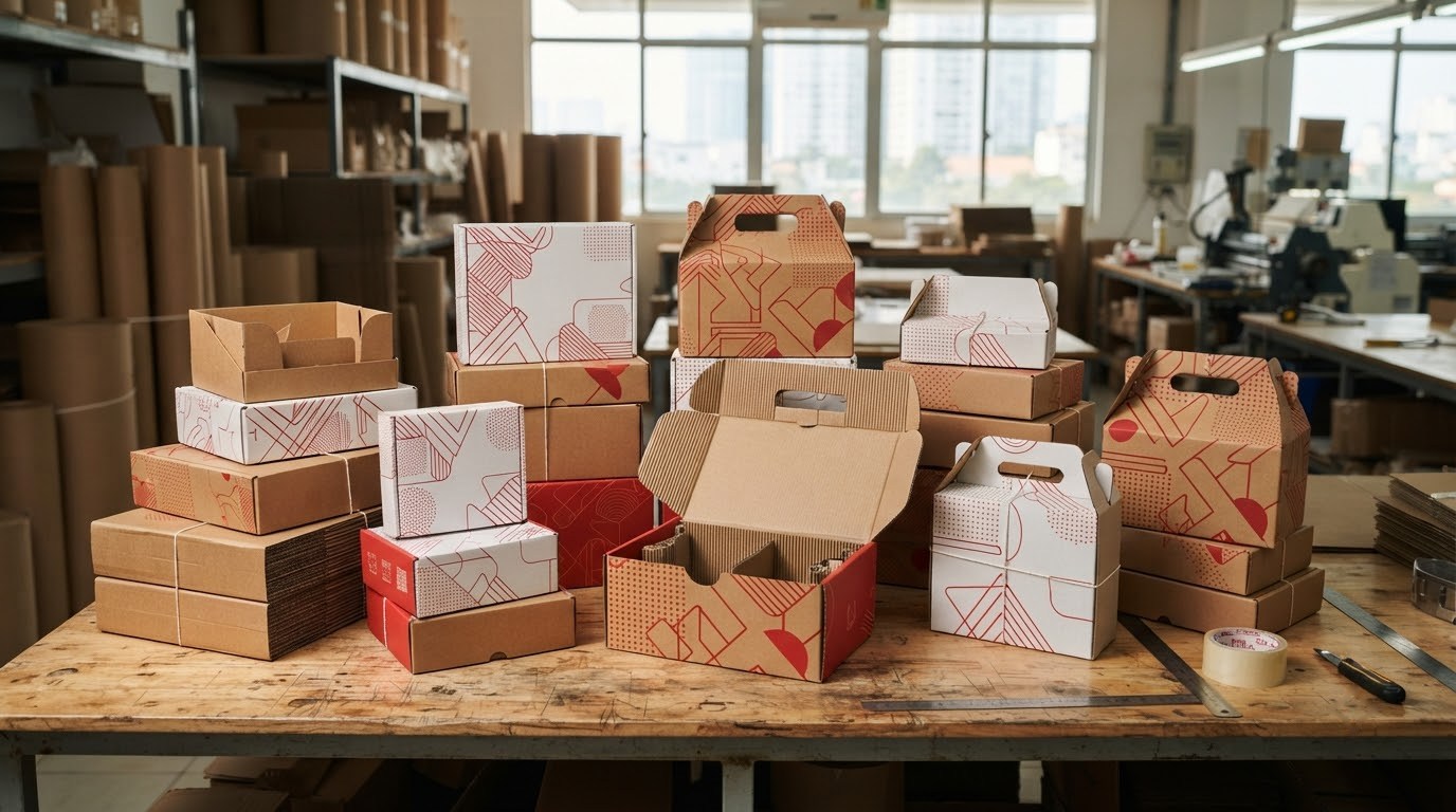 Minh họa bộ mẫu thùng carton in theo yêu cầu với nhiều kiểu hộp