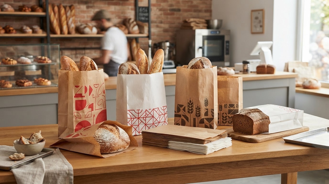 Túi giấy đựng bánh mì Kraft và giấy trắng với họa tiết hình học lấy cảm hứng từ bánh mì
