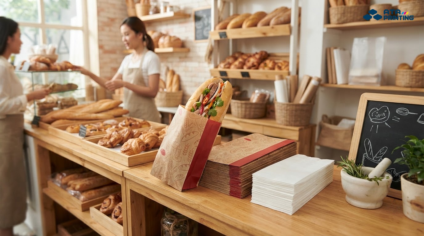 Bánh mì được đựng trong túi giấy tại quầy bánh với bao bì giấy gọn gàng
