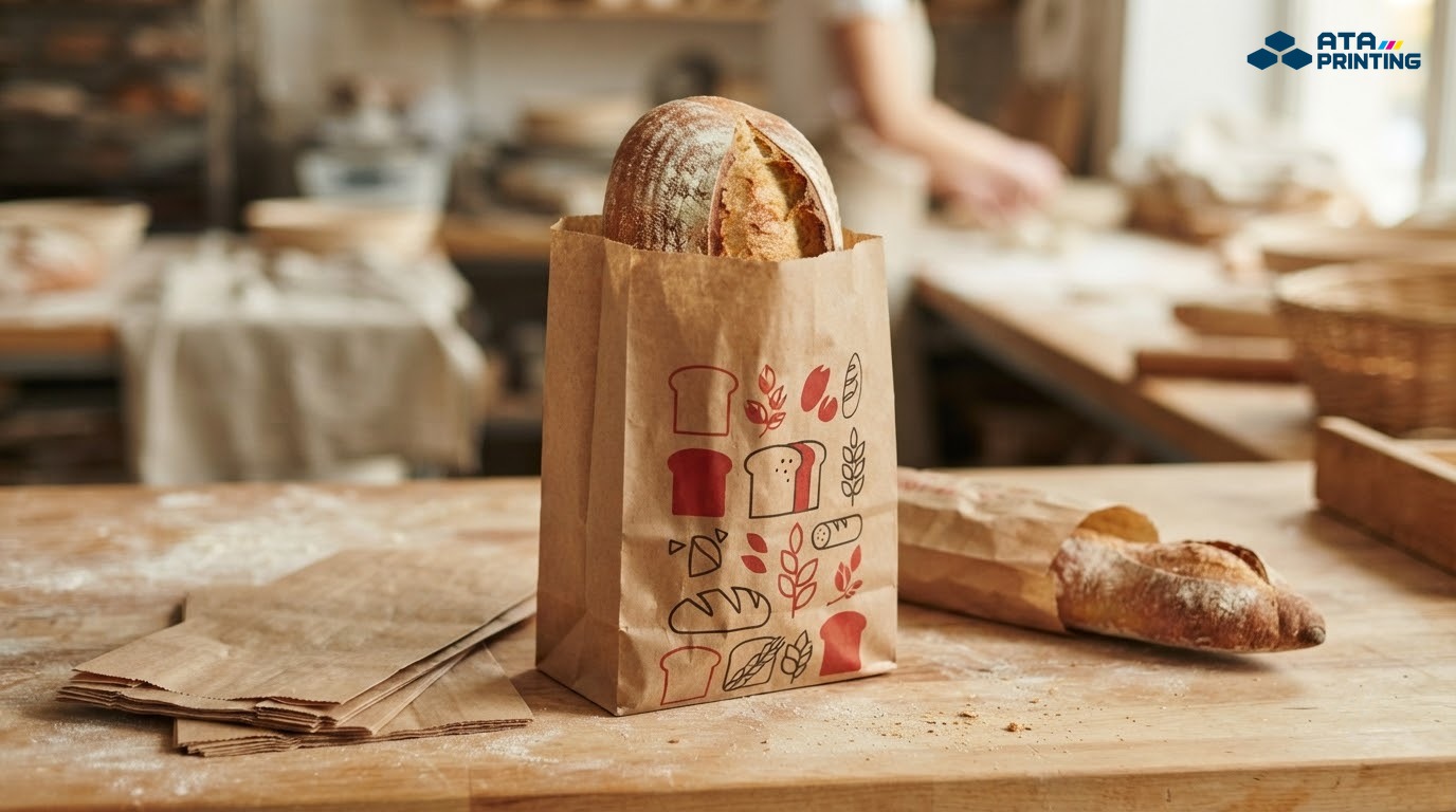 Túi giấy Kraft nâu đựng bánh mì với bề mặt giấy mộc và họa tiết hình học