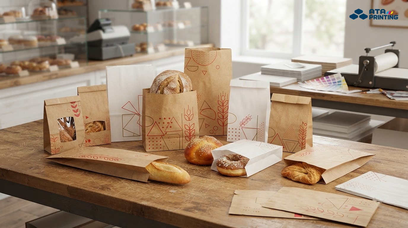 Nhiều mẫu túi giấy bánh mì được trưng bày trong bối cảnh cửa hàng bánh và xưởng in