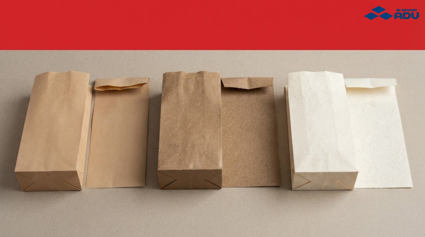 Ba mẫu túi bằng giấy Kraft nâu sáng, nâu đậm và Kraft trắng