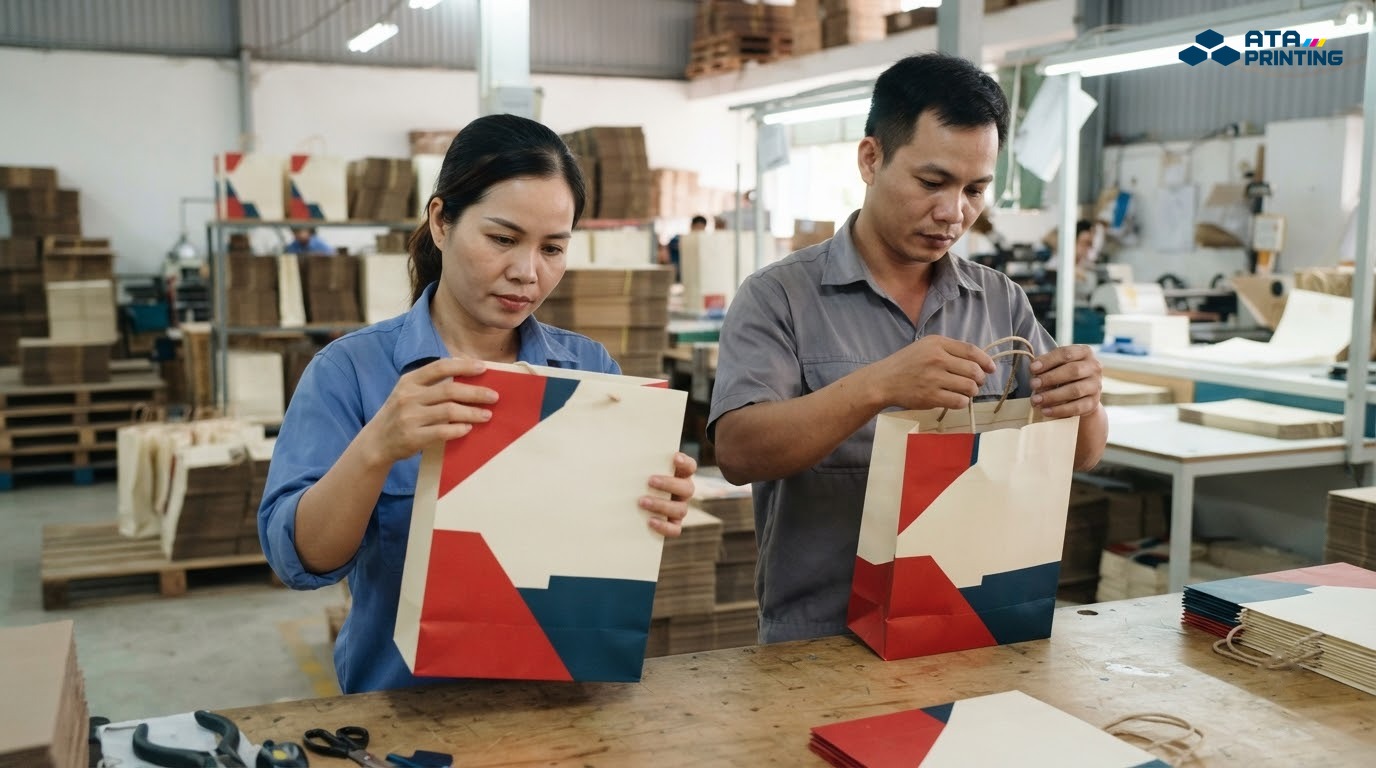Nhân viên kiểm tra bề mặt, nếp gấp và quai xách của túi giấy thành phẩm