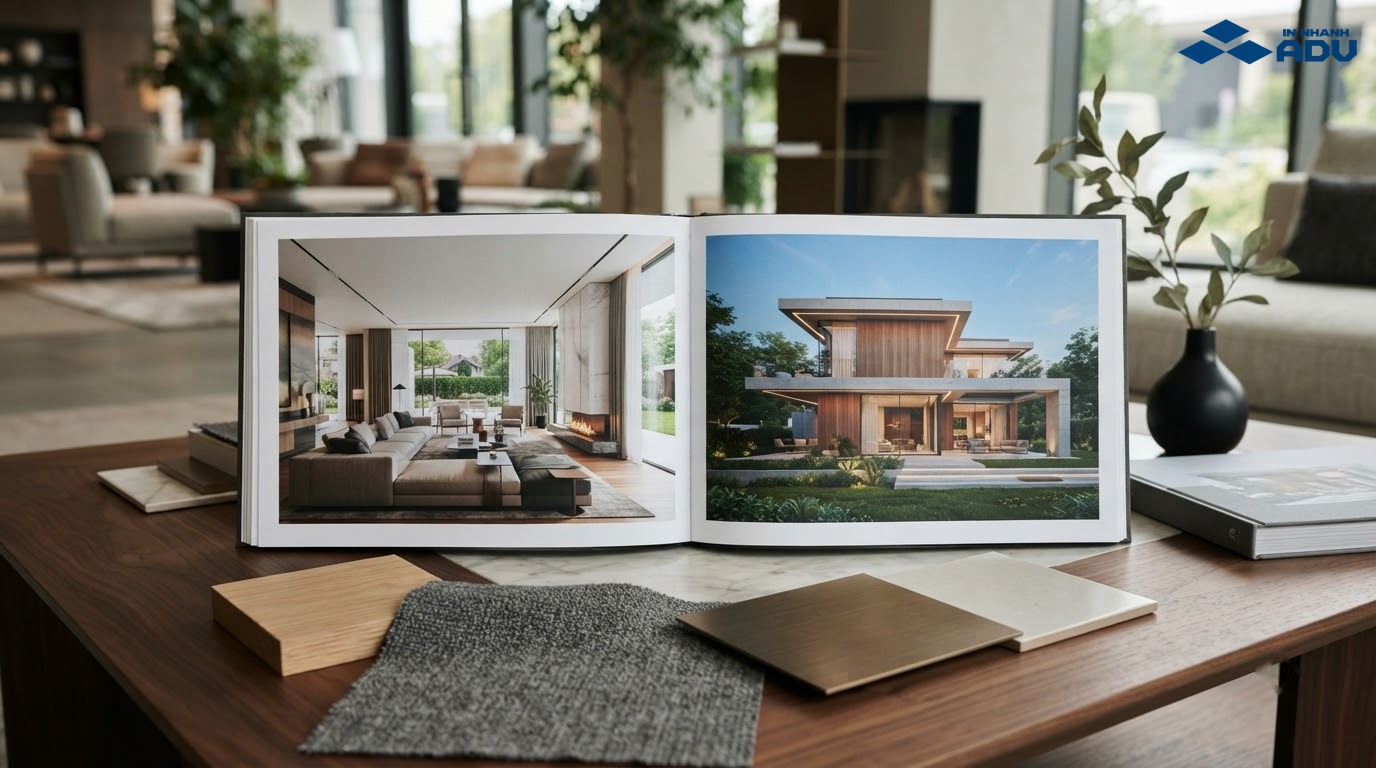 Catalogue ngang trình bày hình ảnh nội thất và kiến trúc toàn cảnh