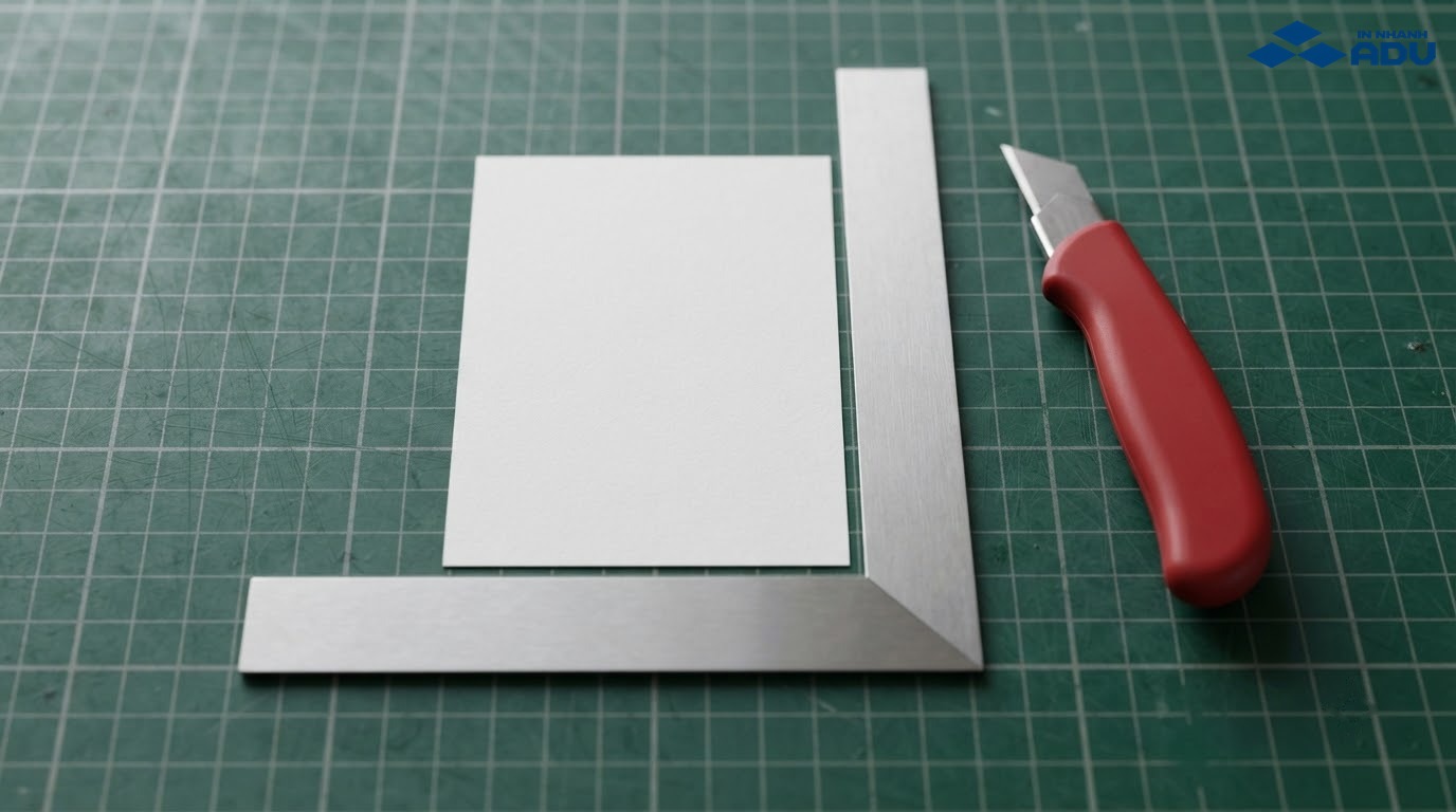 Tờ giấy A8 kích thước 52 x 74 mm trên bàn cắt giấy
