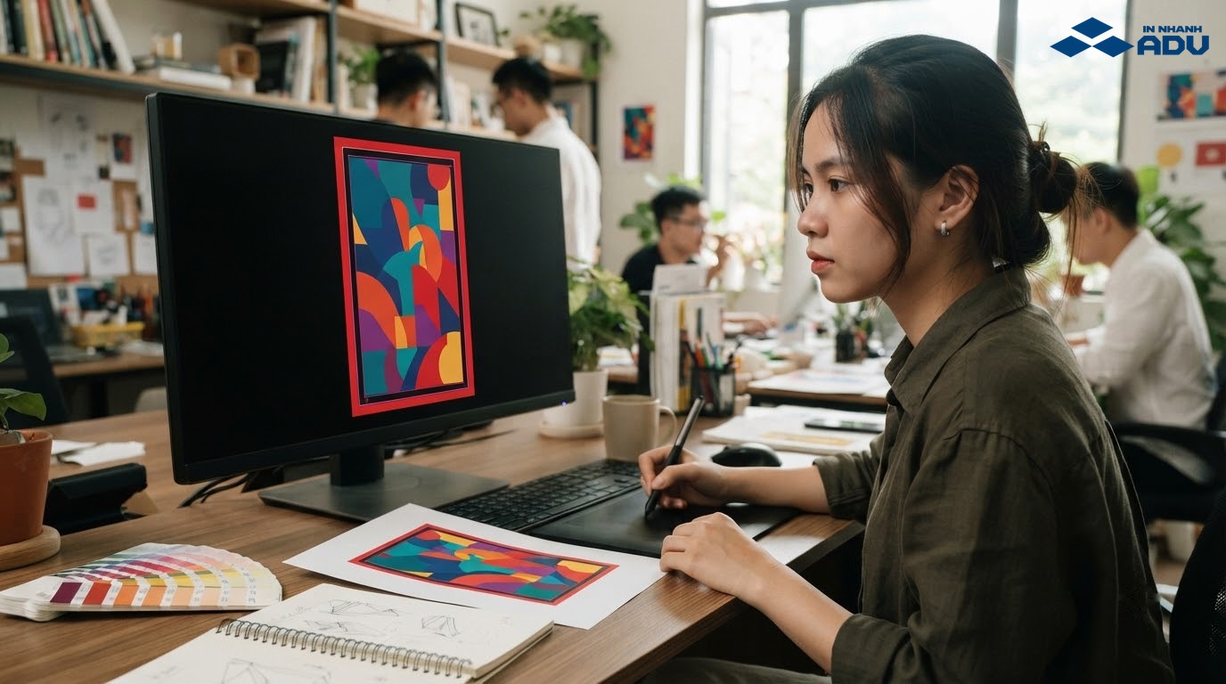 Nhân viên thiết kế kiểm tra vùng bù xén của file in A8