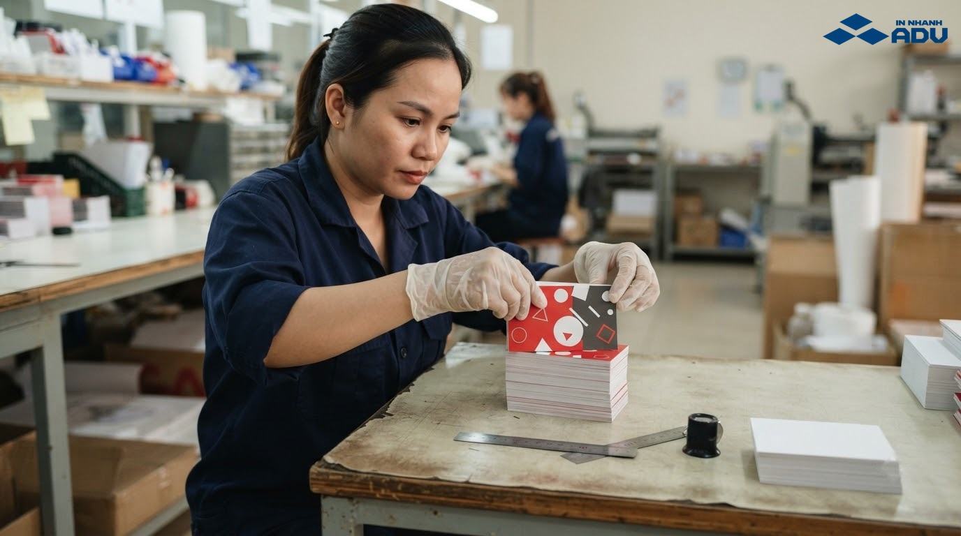 Kỹ thuật viên kiểm tra chồng ấn phẩm A8 sau in và cắt