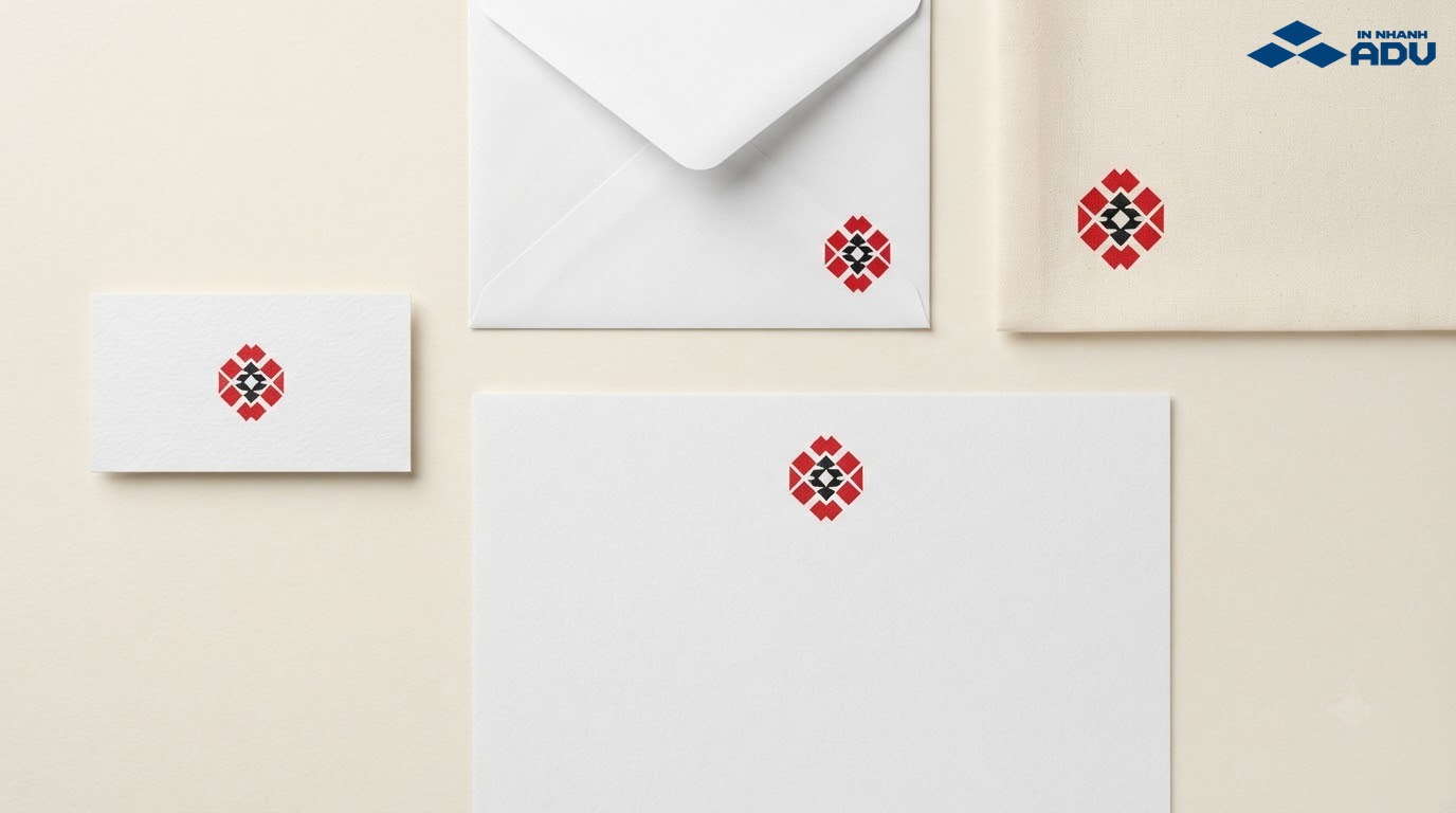 Logo được in cân đối trên danh thiếp, phong bì và áo đồng phục