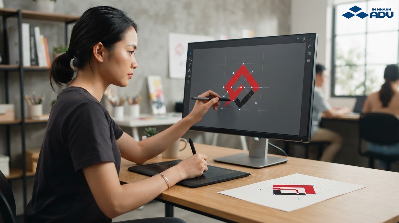 Nhà thiết kế đang chuẩn bị file logo trước khi in ấn
