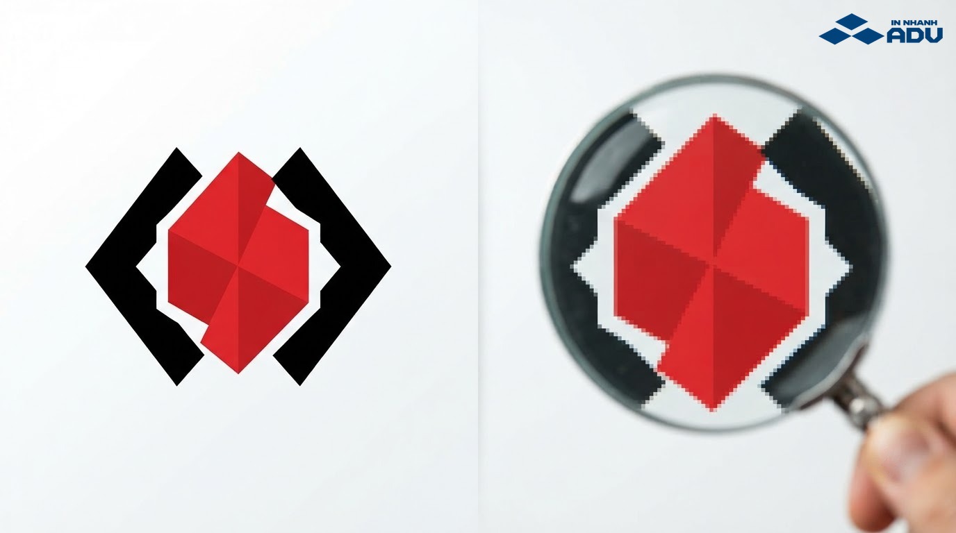 So sánh đường nét logo vector sắc nét và ảnh raster bị vỡ hạt
