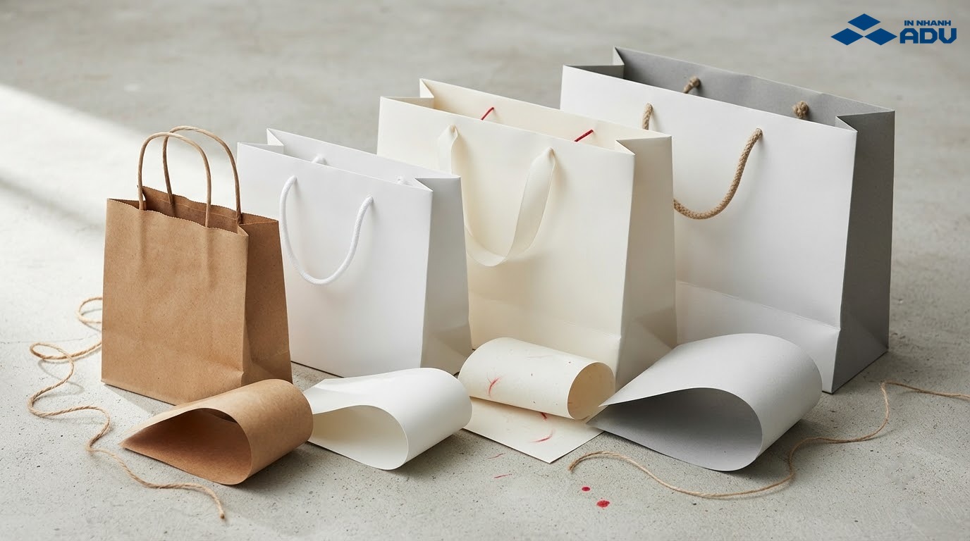 Túi giấy kraft, couche, ivory và duplex với độ cứng khác nhau