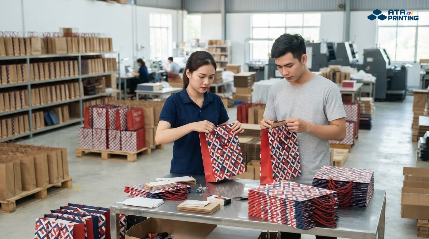 Đội ngũ xưởng in kiểm tra màu, đường dán và quai túi giấy trước khi giao