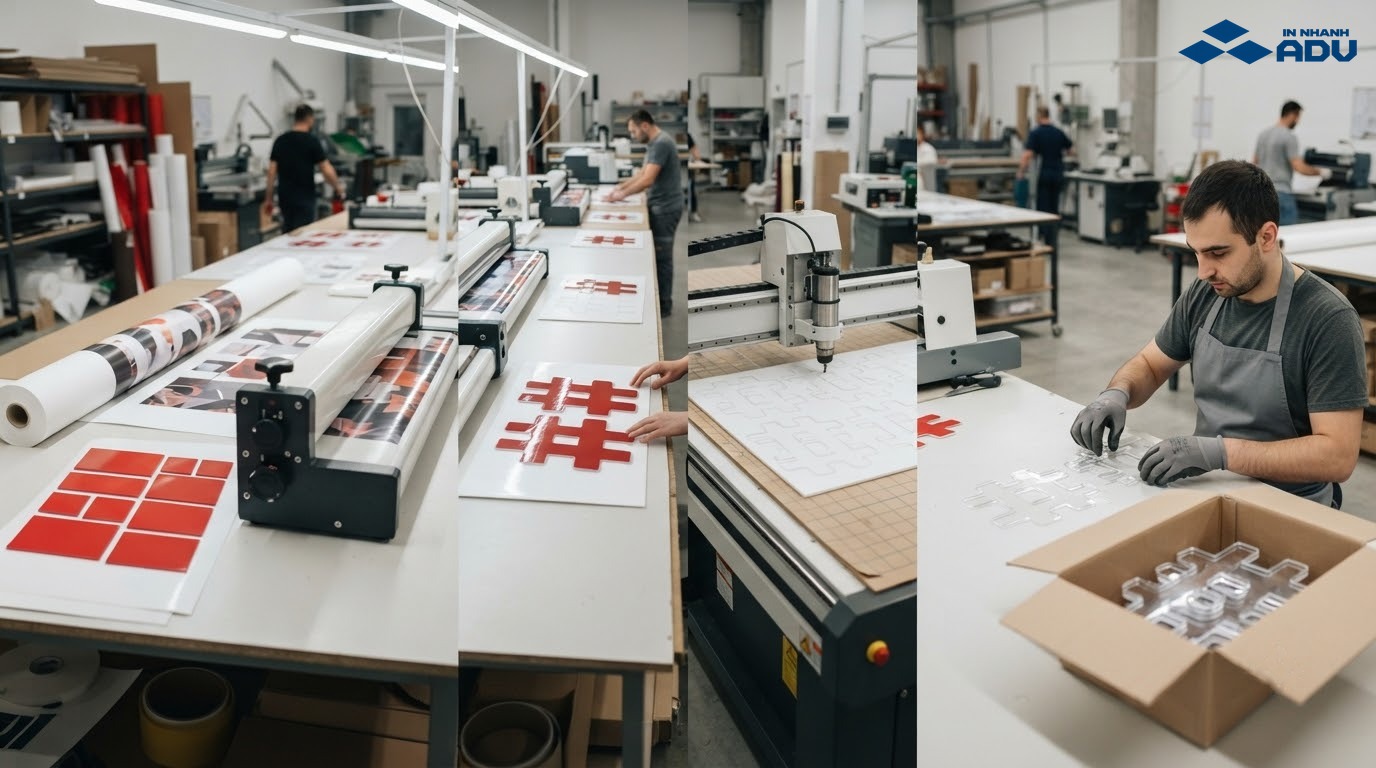 Quy trình in decal, cán màng, bồi formex, cắt biên dạng và gắn tay cầm