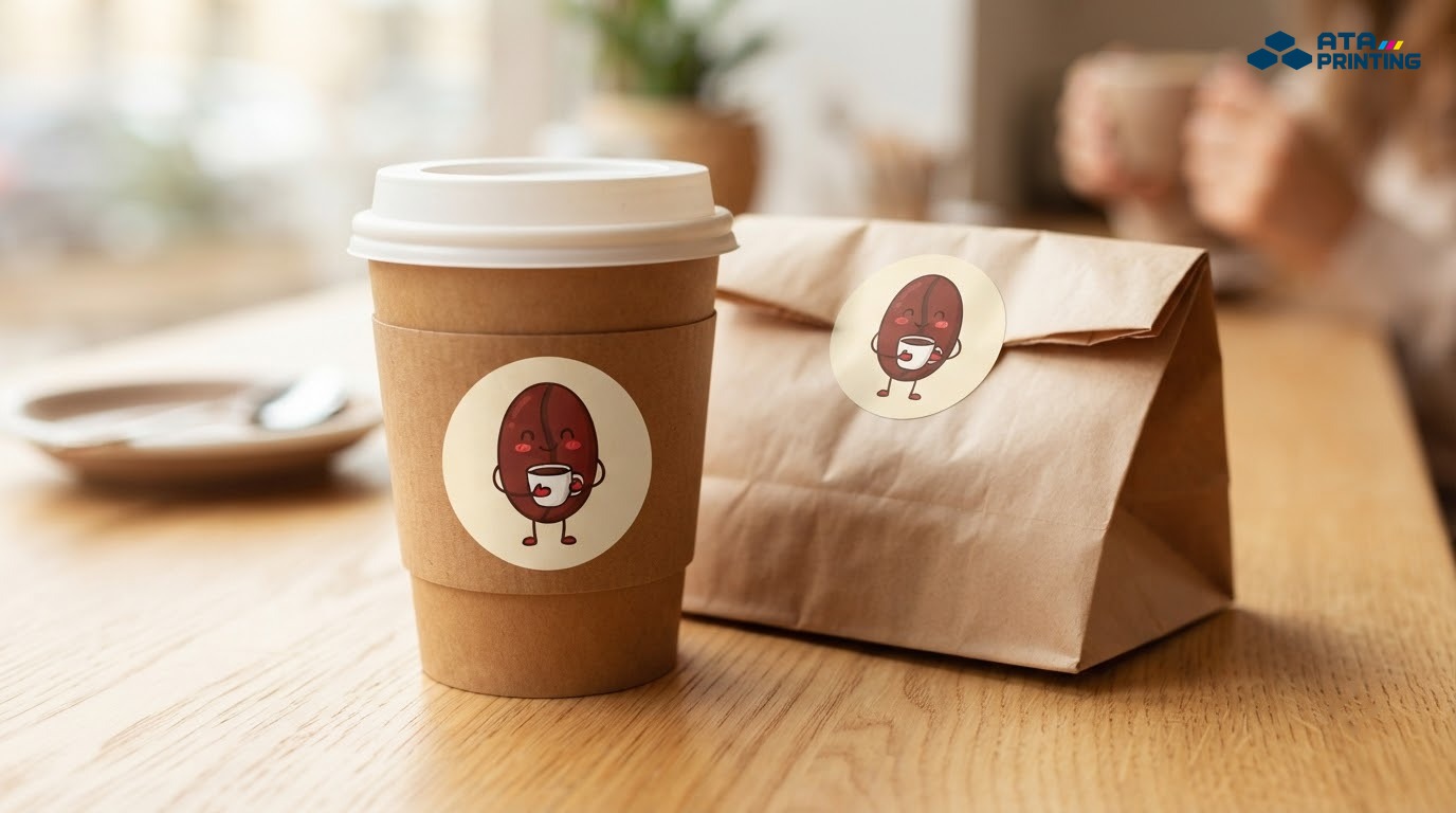 Mascot hạt cà phê nguyên bản được in trên ly và sticker của quán