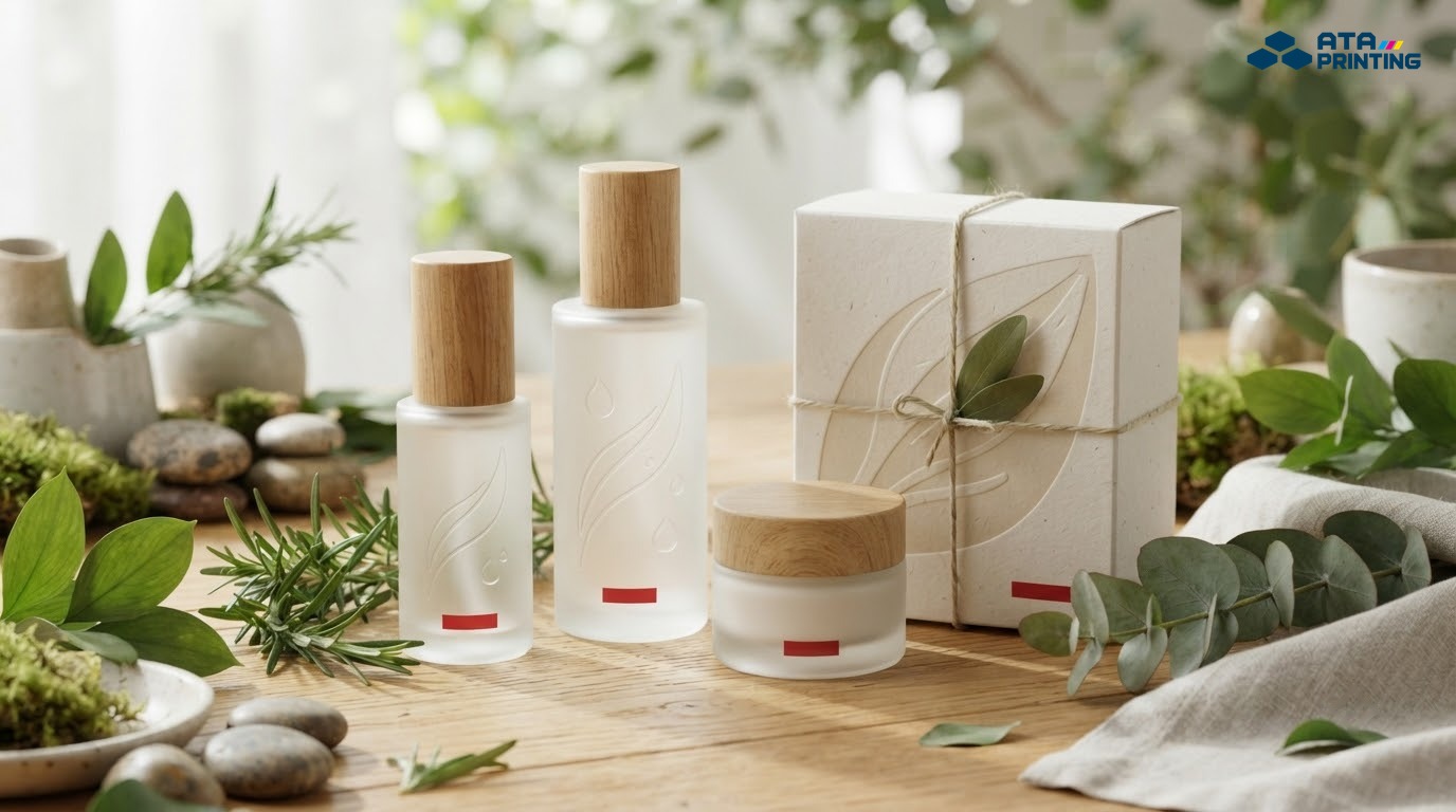 Bao bì mỹ phẩm phong cách thiên nhiên với lá xanh và vật liệu mộc