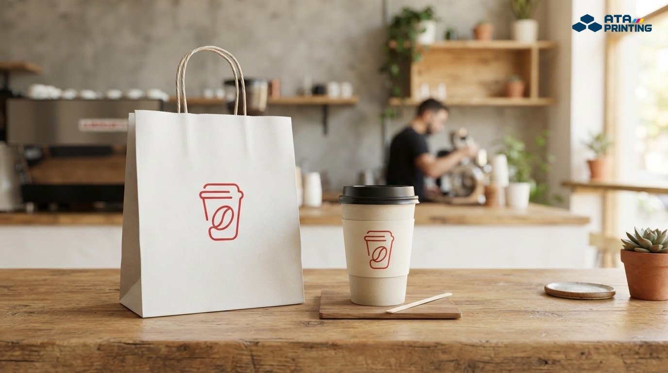 Biểu tượng line art tối giản trên ly giấy và túi cafe hiện đại