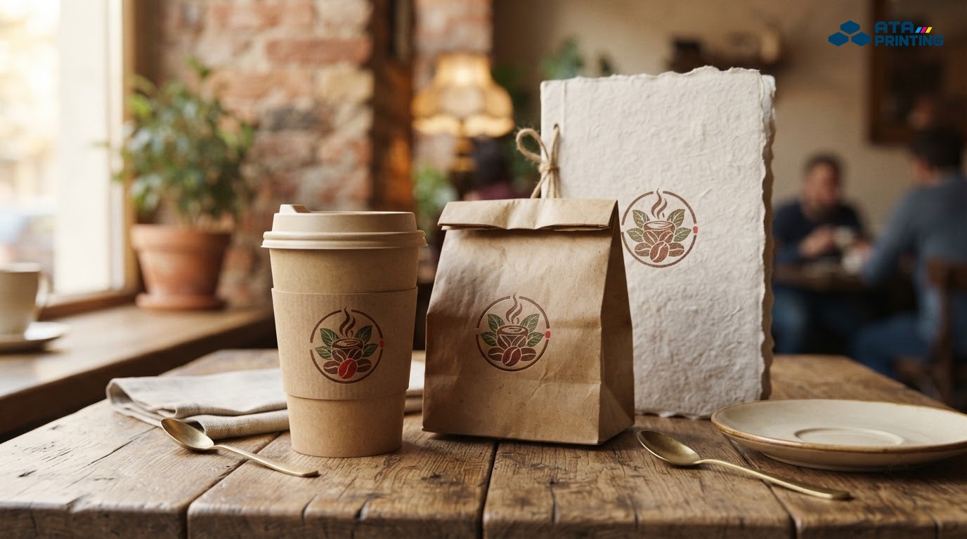 Biểu tượng cafe phong cách vintage trên ly kraft và menu giấy nhám