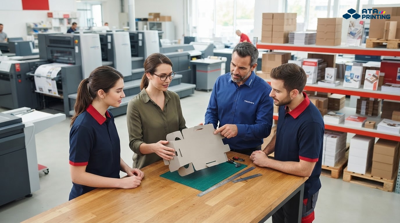 Đội ngũ thiết kế và sản xuất phối hợp hoàn thiện maket và sản phẩm in