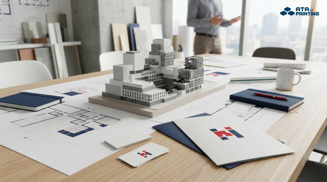 Biểu tượng hình học vững chắc trên hồ sơ và danh thiếp ngành xây dựng