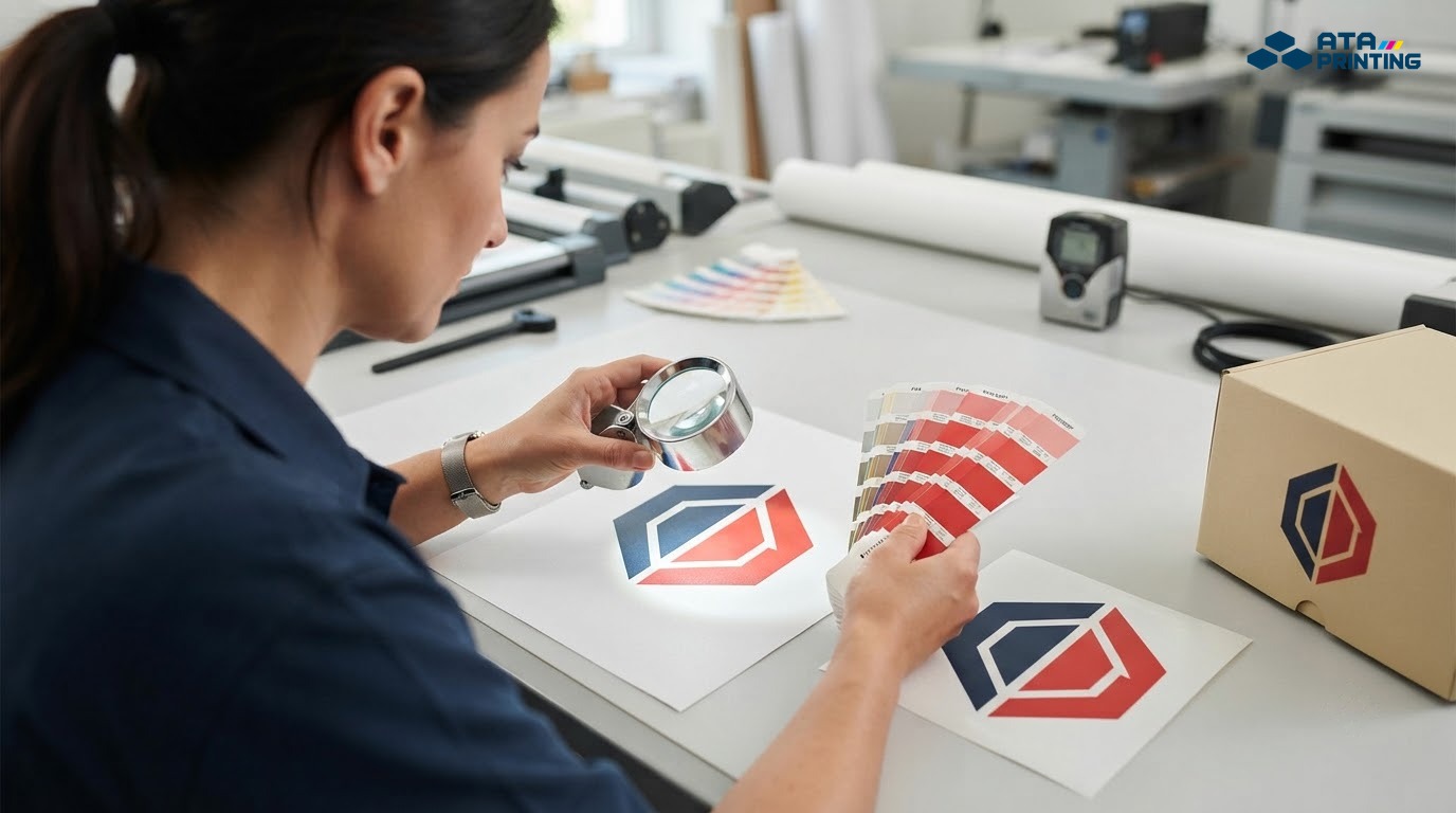 Chuyên viên kiểm tra độ nét và màu của biểu tượng trên giấy, decal và hộp